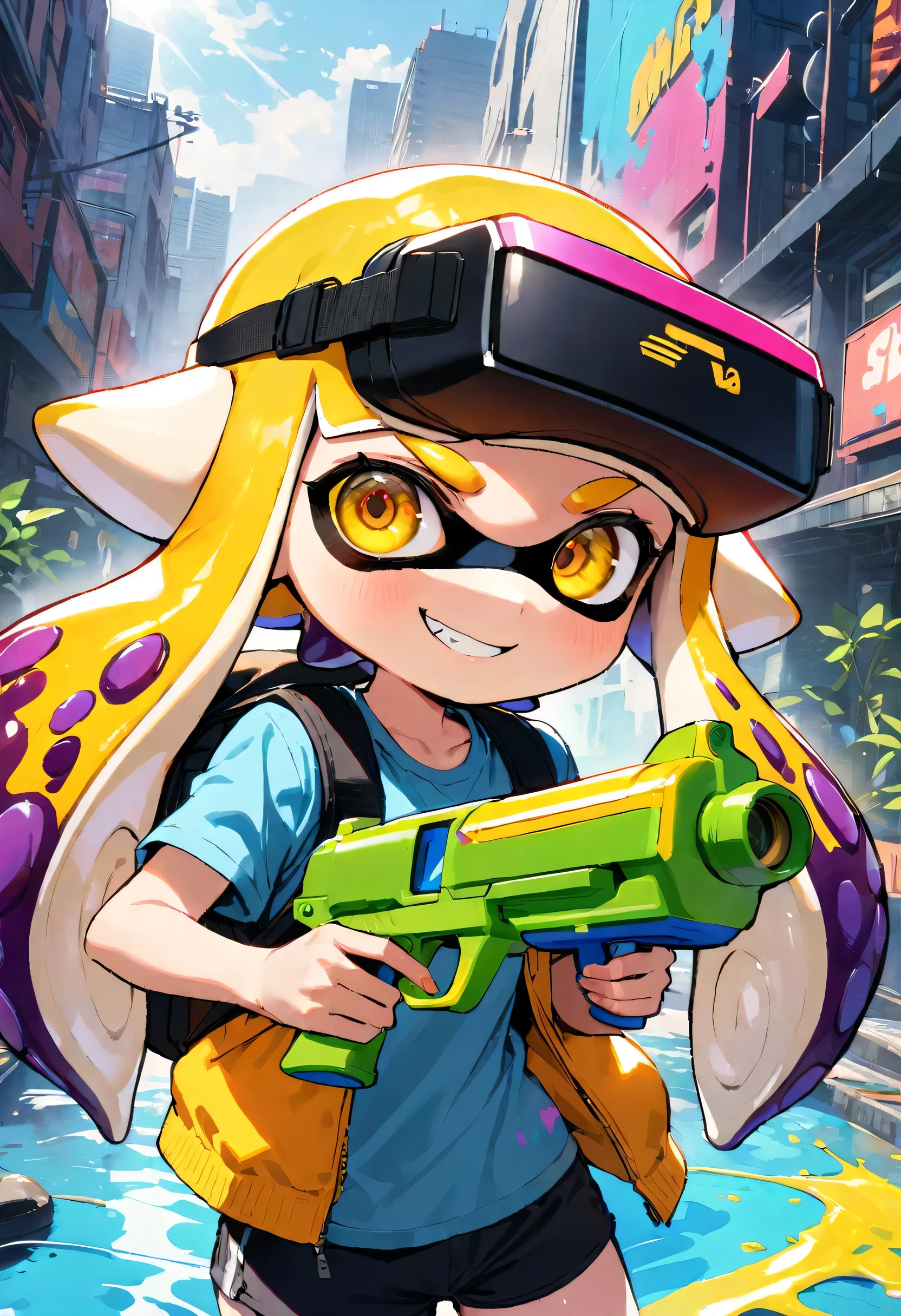 masterpiece, 最high quality, high quality, 1 Girl,nice, 1 person, pretty girl, ((Yellow Eyes): 1.2), Well-formed eyes, Hair between the eyes、Highly detailed face, Perfect facial symmetry, Backpack, ((Splatoon Inkling, Tentacle hair)), Toy Guns, Water gun, Ink tank, Mastepiece, Visible collaboration, (Saturated colors, Vibrant), piercing the cheek」sunlight、skyline、smile, Splashes of colorful paint, ((VR Visor, Cyberware Face)),