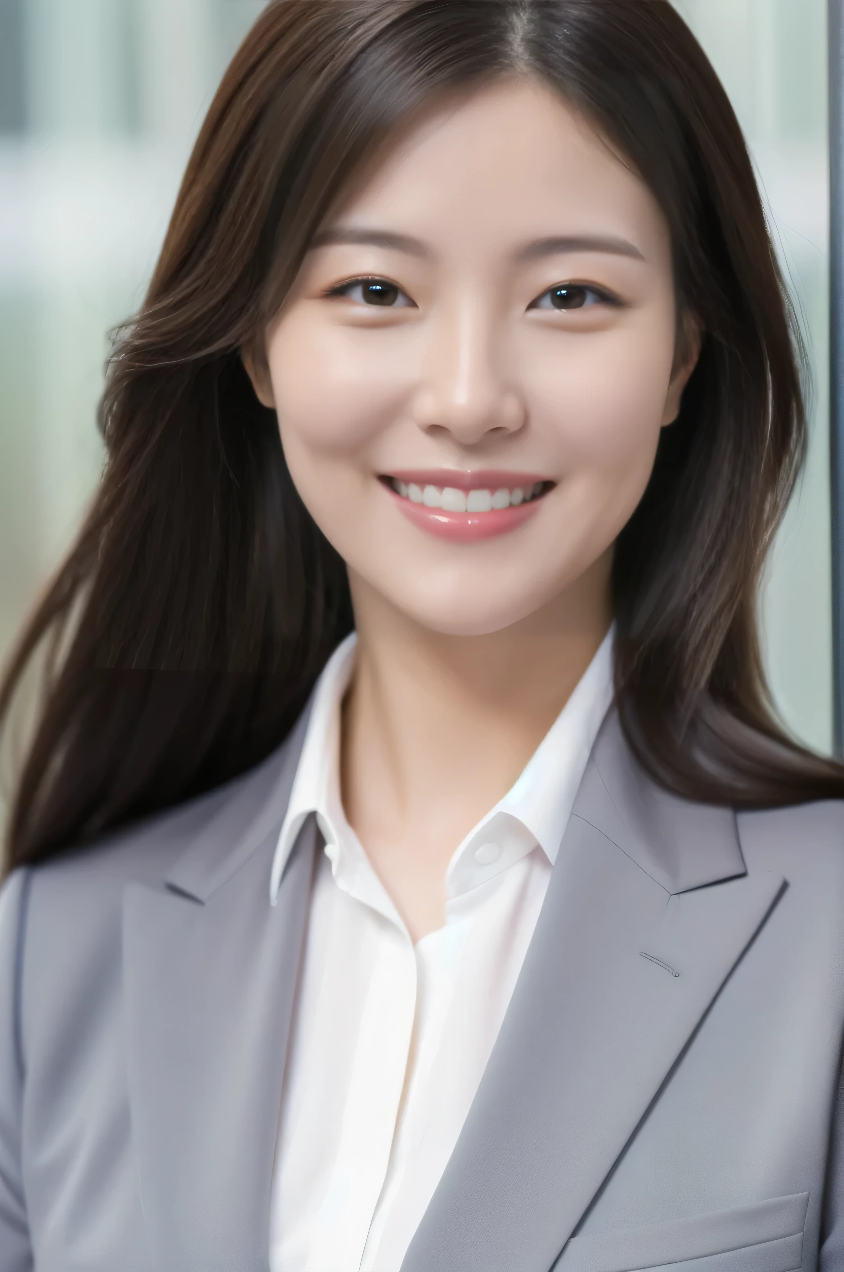 Married Woman's Face、30 years old、Middle-aged women、Business jacket、Close-up of face、High quality、Ultra-realistic、A cheerful smile、Married woman's body type、Japanese Wife、 Perfect Eyes、Radiant Skin、Tokyo Station