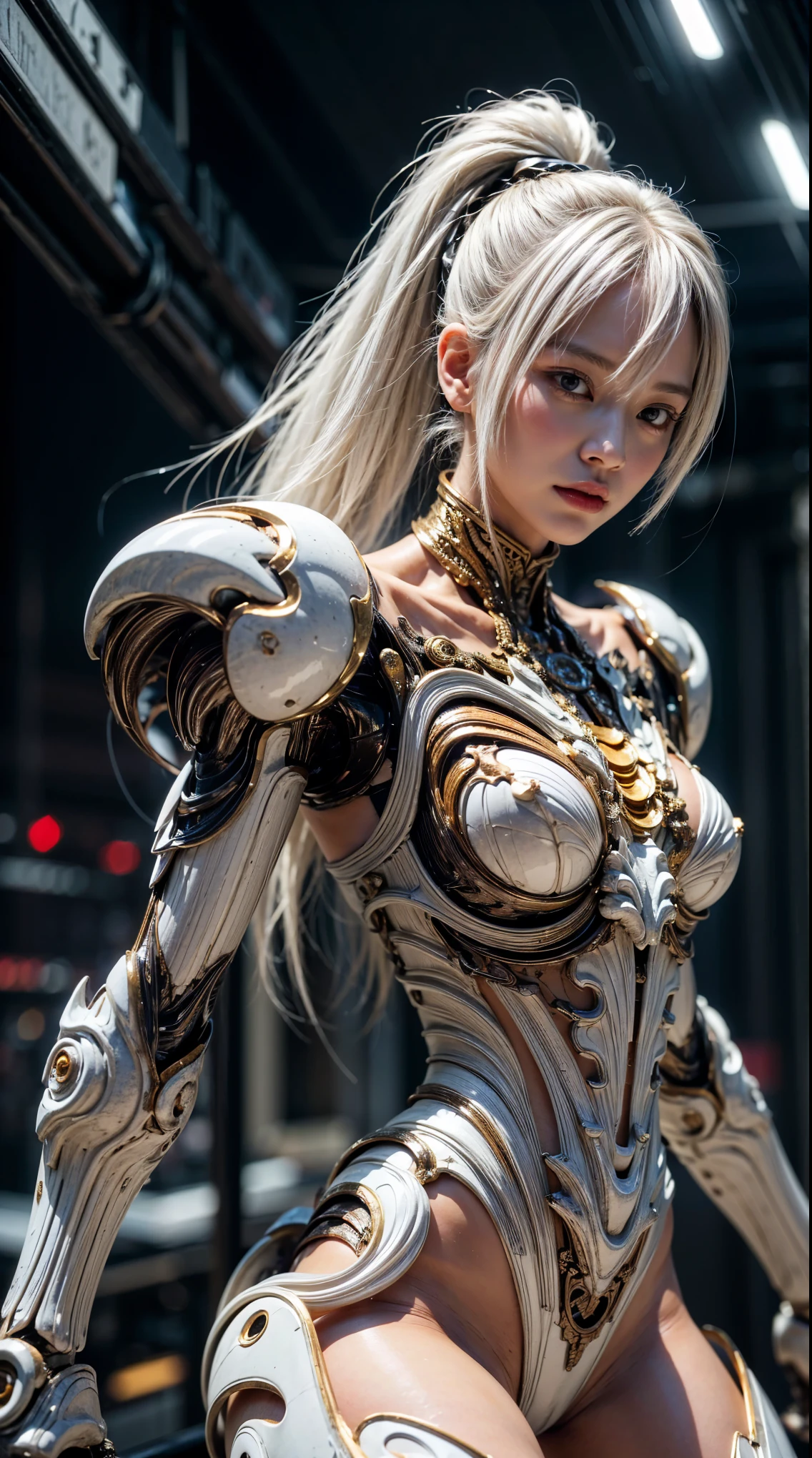 (top-quality:1.2, masterpiece), ultra high resolution, (Photorealsitic:1.4), (crab body), biological-base, 1 Japanese female, extremely realistic face, (white hair), ((ultimately intricate all details)), (whole body picture), realistic shadow, octan render, glossy textures, character edge light, Details of complex ornaments, dystopia with a beautiful view at night, fighting pose