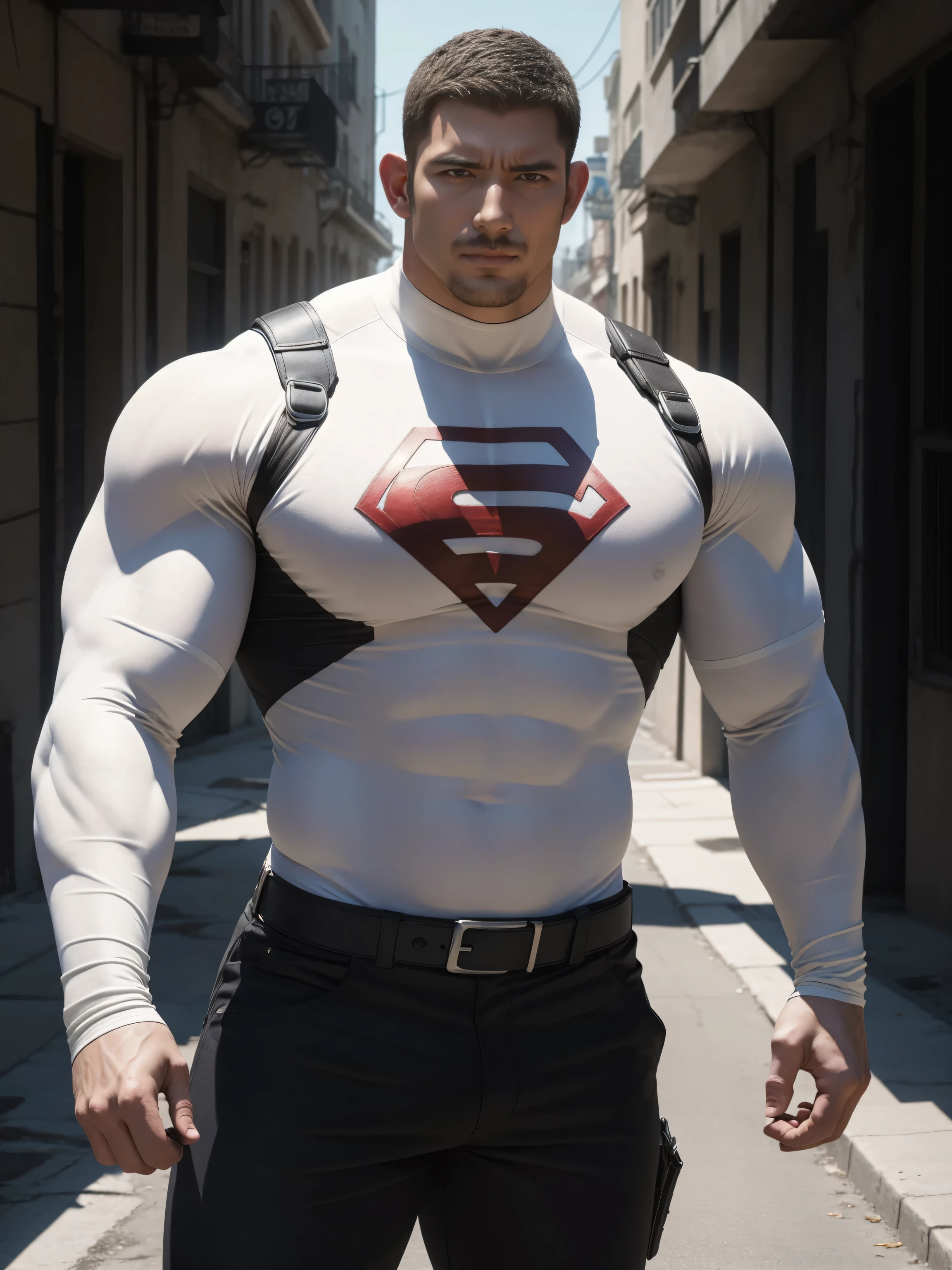 Angry super muscular man,  Buzz Cut，On the old-style outdoor street under the hot sun, Wear a long-sleeved cream superhero bodysuit, Thickened warm elastic texture，Clothes are very dirty with mud stains，The expression is arrogant, Thick thighs, Messy hair, Thick thighs, High collar, long sleeve, cream white superhero bodysuit, very tight, Regular symmetrical pattern, Highlight muscles, Police uniform pants, character concept（Resident Evil - Chris Redfield, Chris Redfield）A proud expression, Deep and charming eyes, Heroic male pose, tall Burly, muscular！muscular thighs, tough guy, perfect facial features, High, Burly, Heqiang, Super polished and cool, High Resolution Committee, Charismatic, The sun is blazing, dazzling