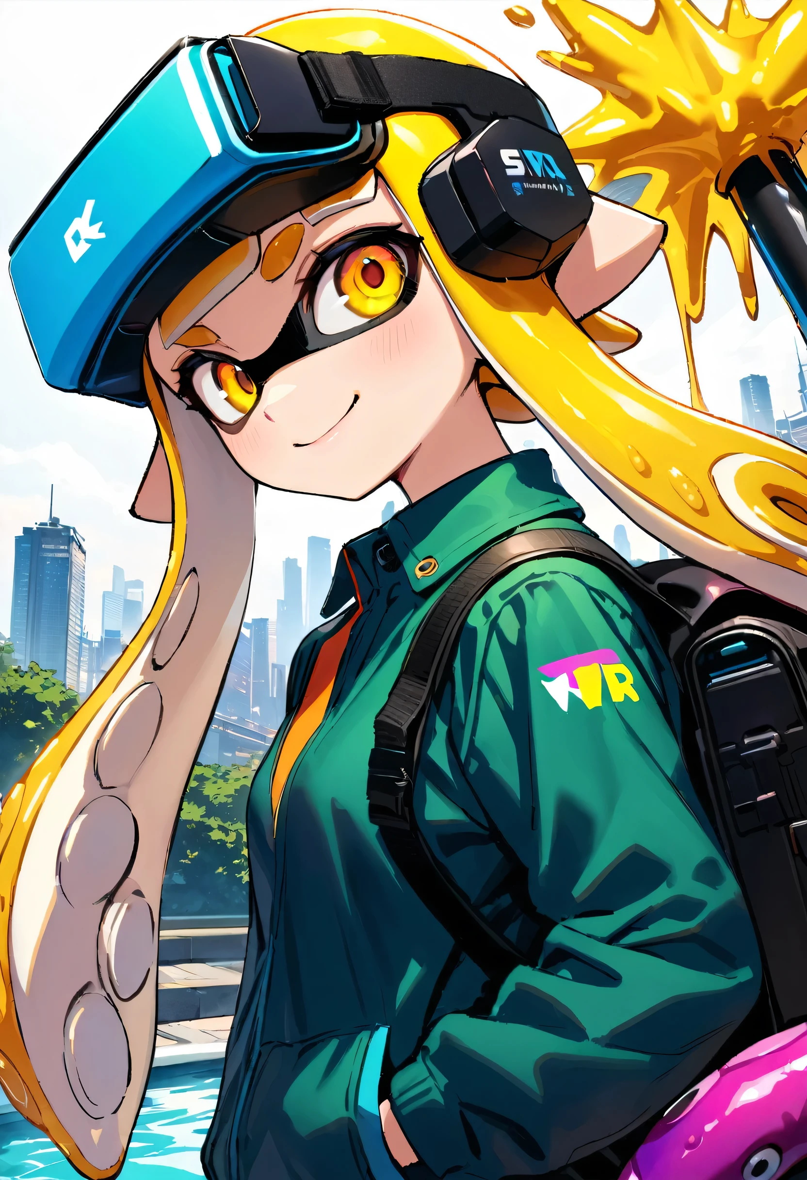 masterpiece, 最high quality, high quality, 1 Girl,nice, 1 person, pretty girl, ((Yellow Eyes): 1.2), Well-formed eyes, Hair between the eyes、Highly detailed face, Perfect facial symmetry, Backpack, ((Splatoon Inkling, Tentacle hair)), Toy Guns, Water gun, Ink tank, Mastepiece, Visible collaboration, (Saturated colors, Vibrant), piercing the cheek」sunlight、skyline、smile, Splashes of colorful paint, ((VR Visor, Cyberware Face)),