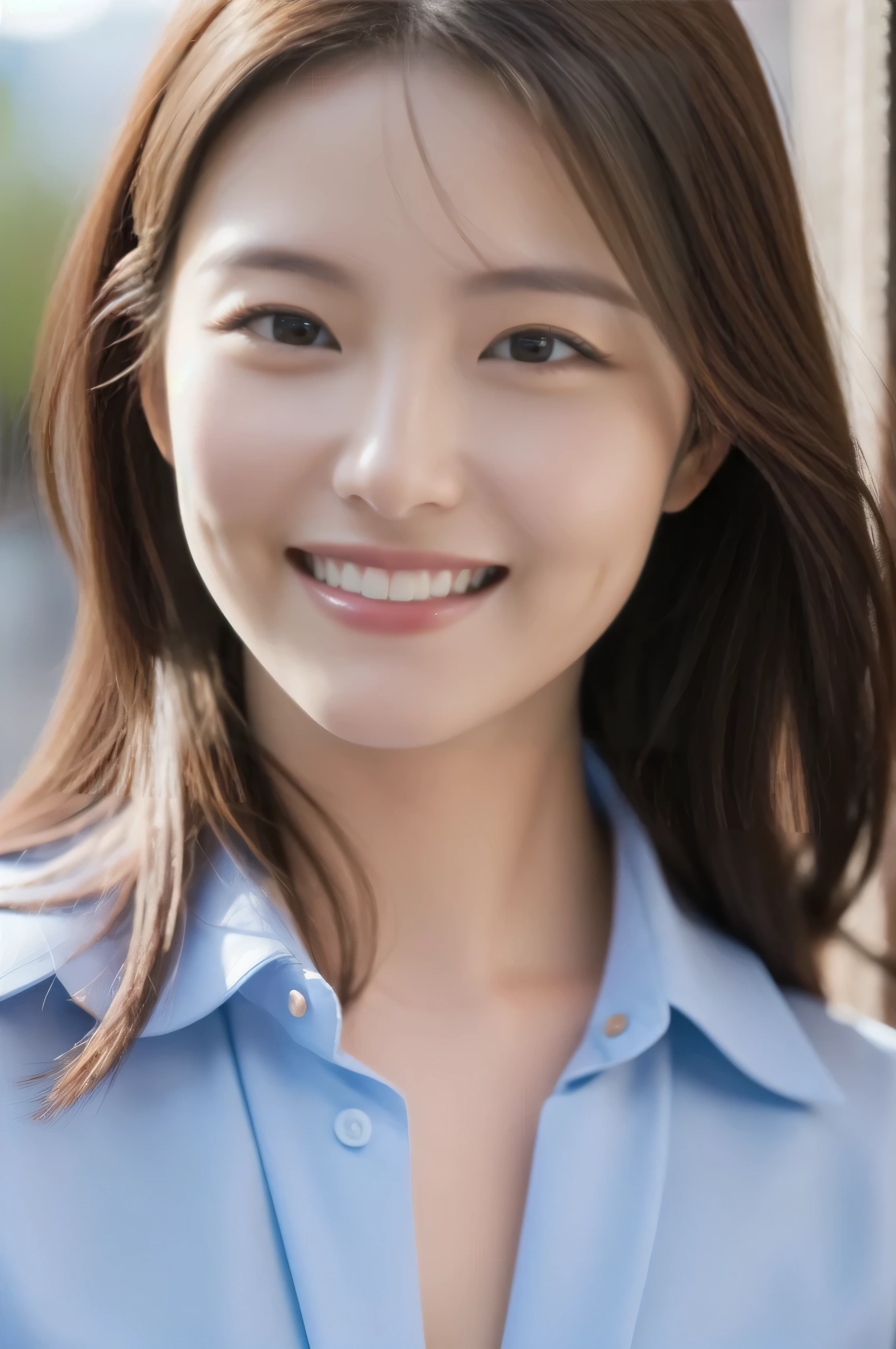 Married Woman's Face、30 years old、Middle-aged women、Business jacket、Close-up of face、High quality、Ultra-realistic、A cheerful smile、Married woman's body type、Japanese Wife、 Perfect Eyes、Radiant Skin、Tokyo Station
