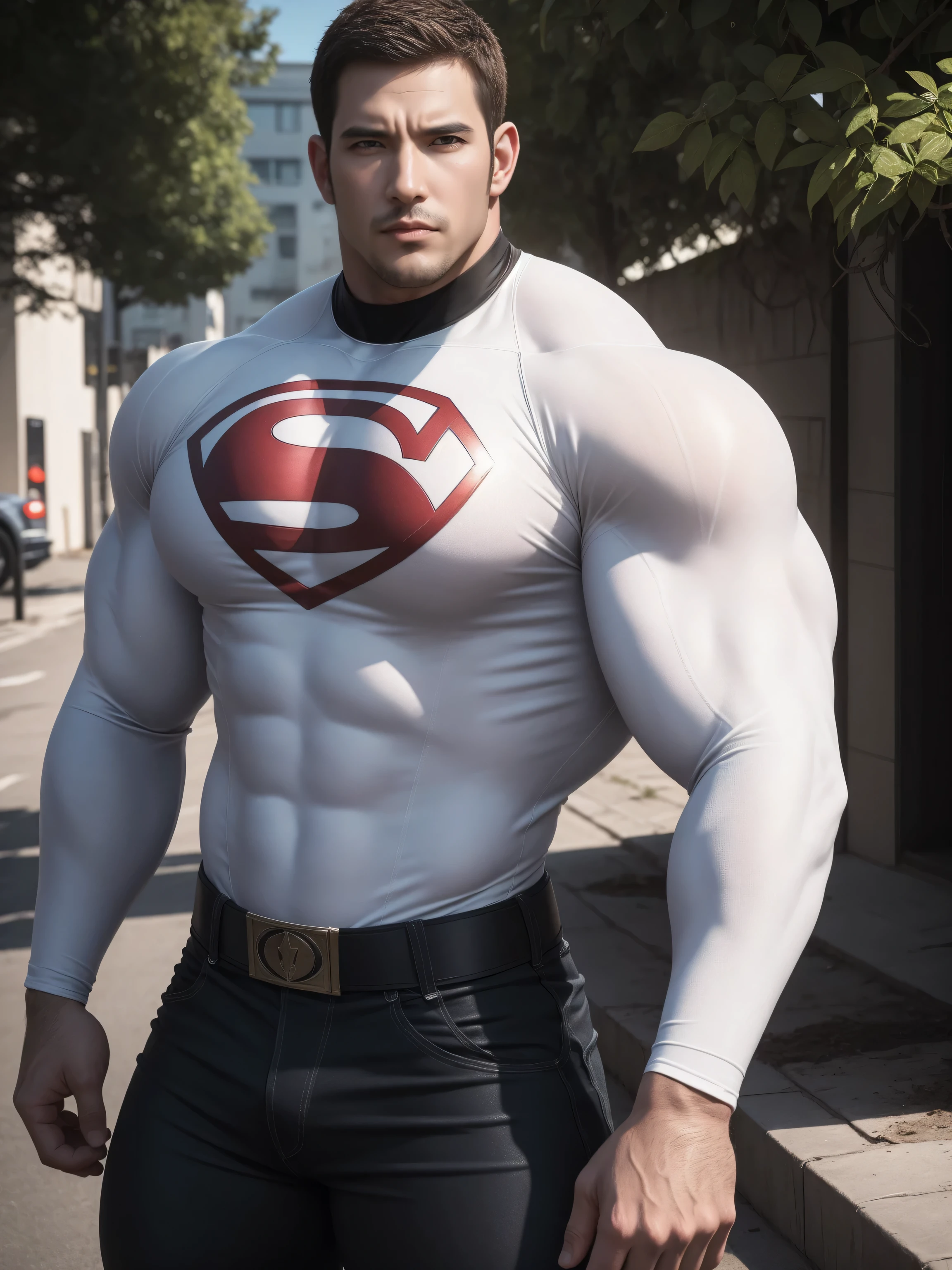 Angry super muscular man,  Buzz Cut，On the old-style outdoor street under the hot sun, Wear a long-sleeved cream superhero bodysuit, Thickened warm elastic texture，Clothes are very dirty with mud stains，The expression is arrogant, Thick thighs, Messy hair, Thick thighs, High collar, long sleeve, cream white superhero bodysuit, very tight, Regular symmetrical pattern, Highlight muscles, Police uniform pants, character concept（Resident Evil - Chris Redfield, Chris Redfield）A proud expression, Deep and charming eyes, Heroic male pose, tall Burly, muscular！muscular thighs, tough guy, perfect facial features, High, Burly, Heqiang, Super polished and cool, High Resolution Committee, Charismatic, The sun is blazing, dazzling