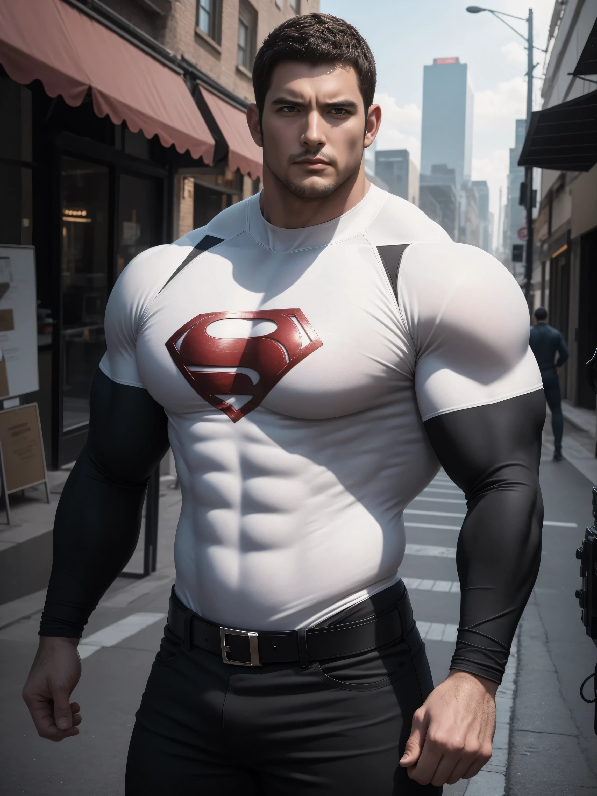 Angry super muscular man,  Buzz Cut，On the old-style outdoor street under the hot sun, Wear a long-sleeved cream superhero bodysuit, Thickened warm elastic texture，Clothes are very dirty with mud stains，The expression is arrogant, Thick thighs, Messy hair, Thick thighs, High collar, long sleeve, cream white superhero bodysuit, very tight, Regular symmetrical pattern, Highlight muscles, Police uniform pants, character concept（Resident Evil - Chris Redfield, Chris Redfield）A proud expression, Deep and charming eyes, Heroic male pose, tall Burly, muscular！muscular thighs, tough guy, perfect facial features, High, Burly, Heqiang, Super polished and cool, High Resolution Committee, Charismatic, The sun is blazing, dazzling