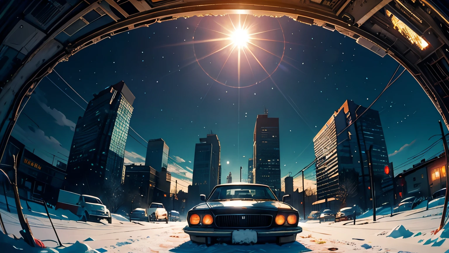 Fisheye, High Resolution, Masterpiece, 8k, Depth of Field, Highest Intricate Detail, (Unattended), Space, Movie Poster Style, (Many Wires), Moon, Sun Flare, Retro Car, Snow, Wide Angle Lens, Desolate City, Broken Building, Destroyed Cityscape, Crumbling Building, Snow Covered, Many Flowers, Vast Area, Solar Flare, Snowstorm, Rotating, Mandala