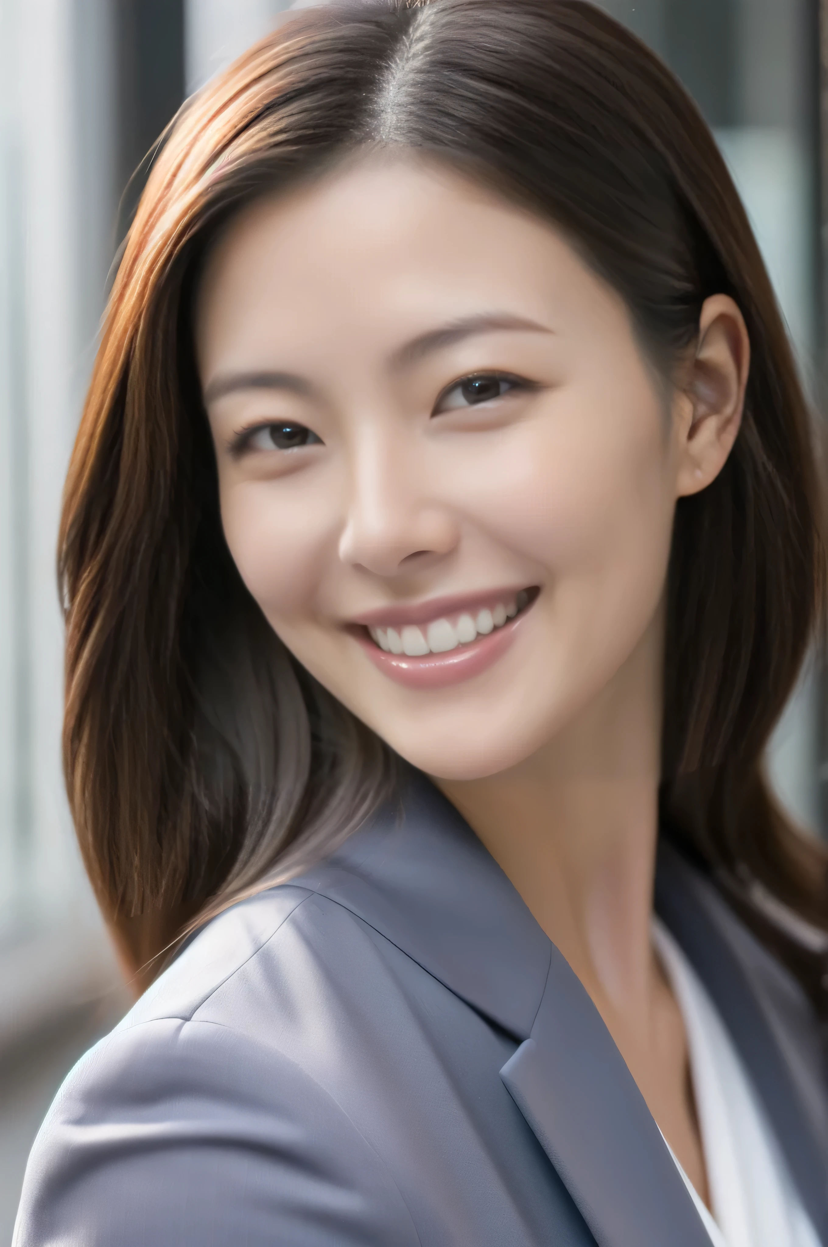 Married Woman's Face、30 years old、Middle-aged women、Business jacket、Close-up of face、High quality、Ultra-realistic、A cheerful smile、Married woman&#39;s body type、Japanese Wife、 Perfect Eyes、Radiant Skin、Tokyo Station