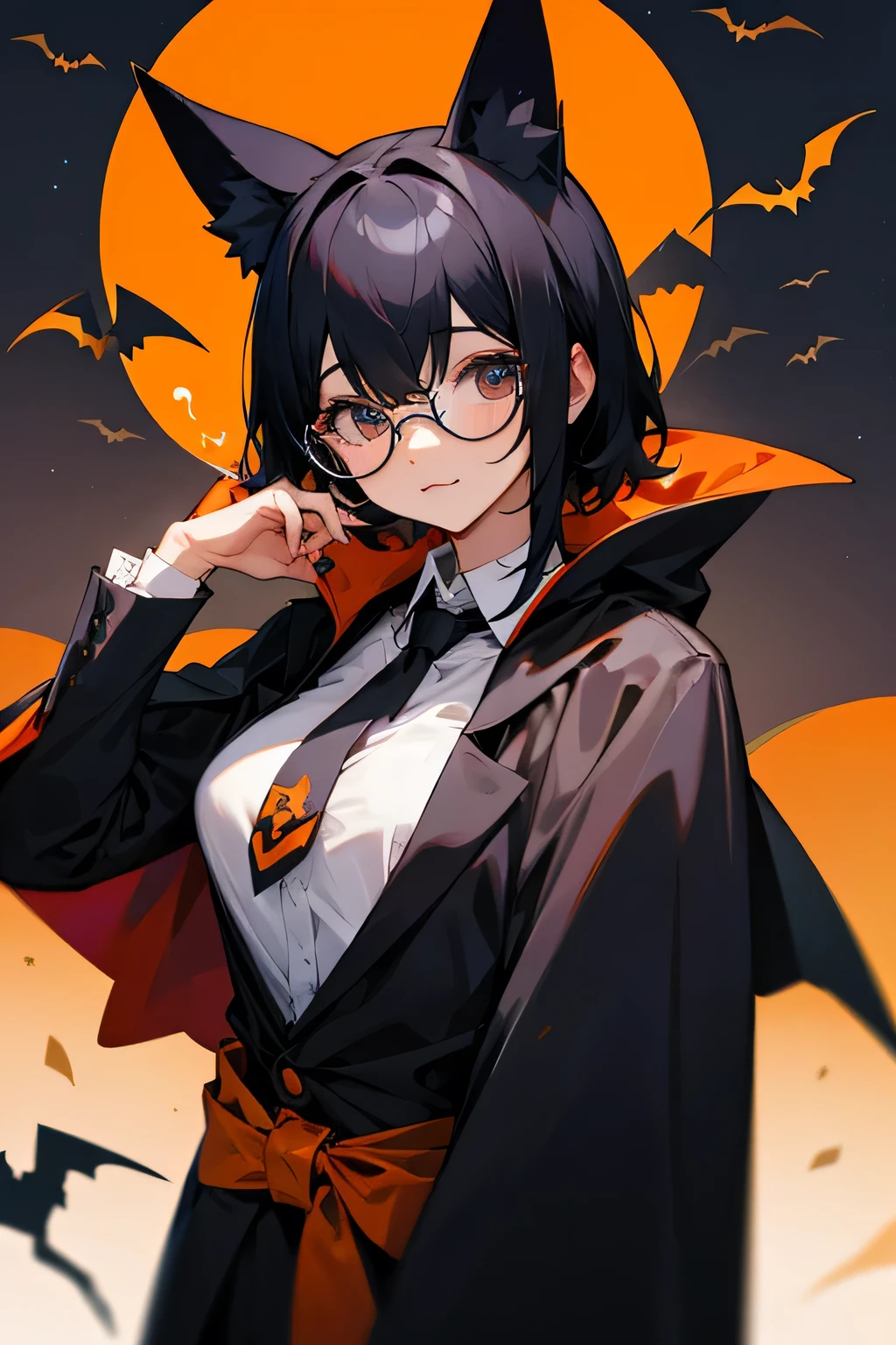 Glasses、Black Hair、Animal ears、Halloween、Costume、Cape、tie