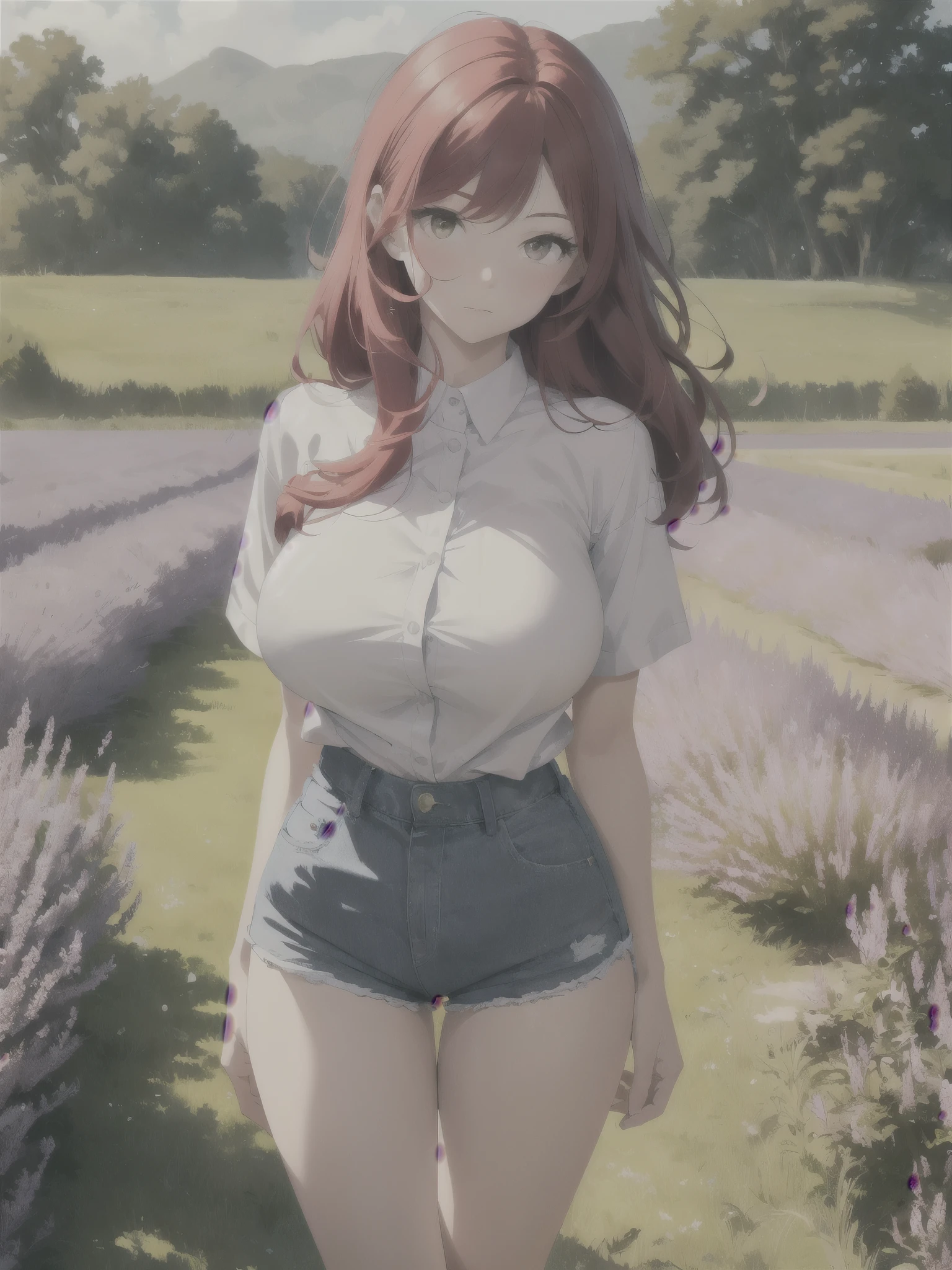 illustration：Ultra-delicate，White skin，Large breasts:15，Denim black pants1:5，Black underwear 1:5，Strapless bra1:5，Long pink hair，The background is the garden，There are chairs in the garden，sit on the chair，Cover your legs with a blanket，The fluffy quilt is still on my legs