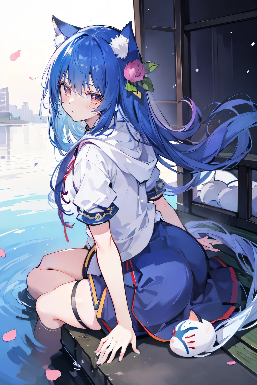 (masterpiece:1.2),Super detailed,lifelike,Expressive eyes,fair skin,perfect face shape,1 girl,
Japanese comics,Gorgeous blue hair,flowing blue hair,flowing clothes,Cat ears,Petals fall,beautiful lola,Baby Angel,
Shaking head with one hand,Cross your legs,Gentle and peaceful background,The pavilion is cool and comfortable,smile, wearing hoodie, background of tokyo,back views,snowing, winter,lie on the water,Wearing a fox mask.