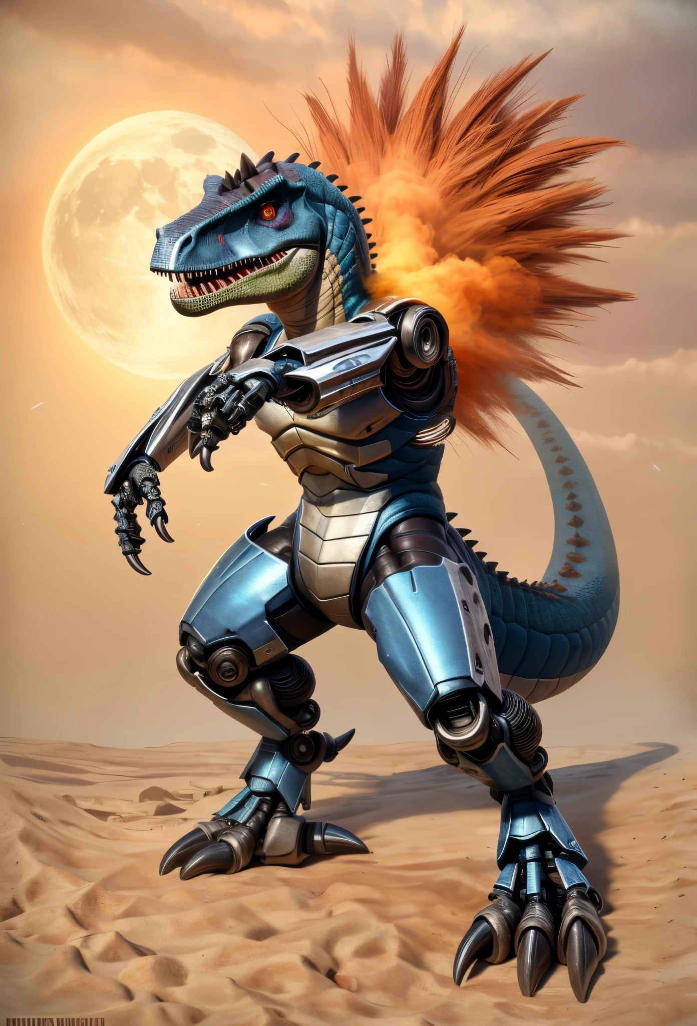 (((dinosaur character, full body, cinematic setting, lizard male, cyborg))) Here I come, drop your jaws to the floor I'm riding on my (((mighty laser-shooting dinosaur))) Here we come, can you hear him roar? Prepare for epic fight and his (((laser missiles))) The sound is boom, boom, boom for every time a goblin dies Let's sing now, here we go, hear my battle cries (((Made of metal))) from the moon Assembled by samurai His battery gets charged by thunderstorm With most advanced AI Devouring trolls and unicorns From his maw there comes a flame Burning away our enemies And therefore we proclaim BREAK, detailed background, 8K, (masterpiece:1.5), intricate details, highly detailed, extreme detail, octane render, fine art, best quality, highres, (detailed face:1.5), ((full_body)), UHD, (((perfect hands))), low light