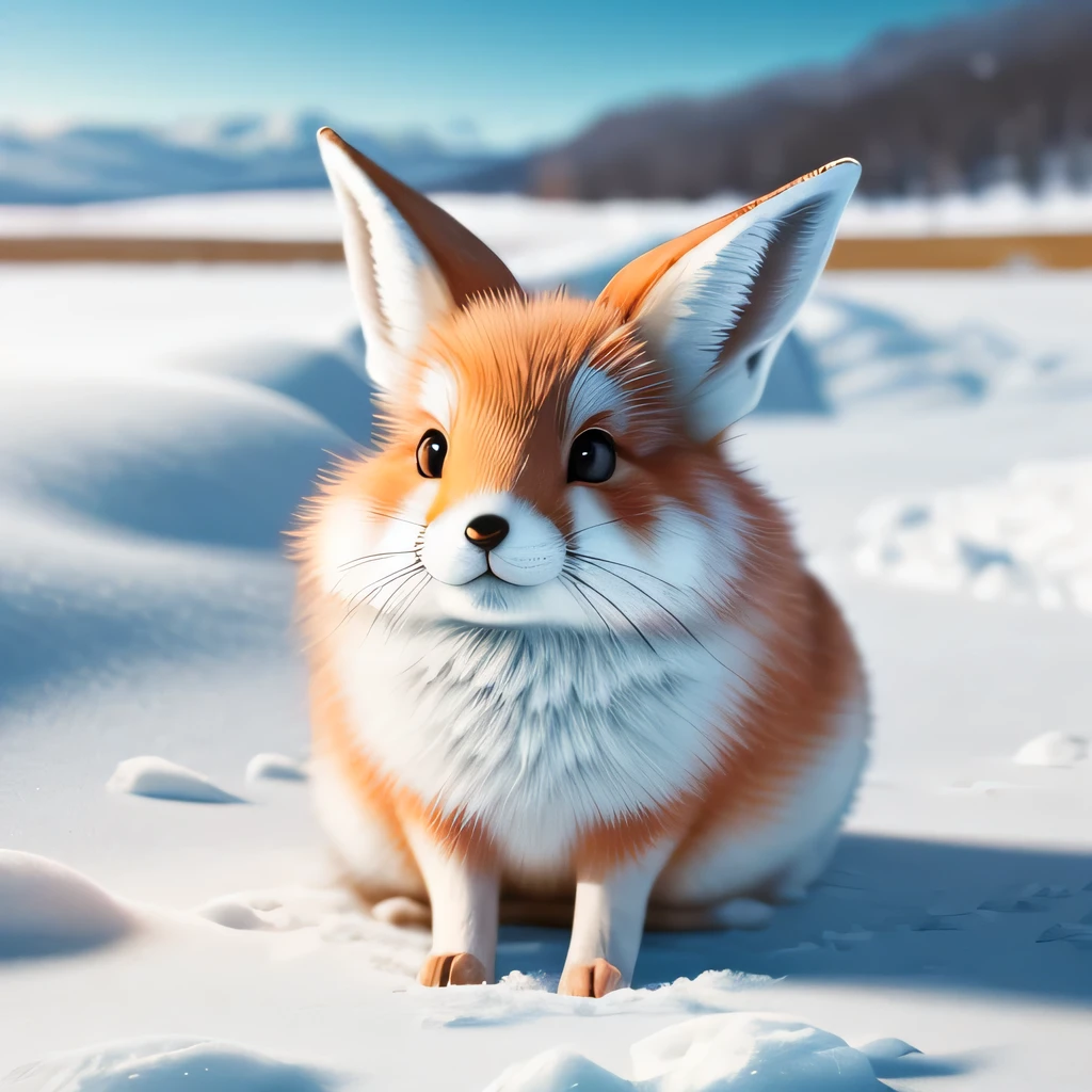 RAW photo, 8K, realistic, masterpiece, insanely detailed, rabbit fox, farm, snow , daylight