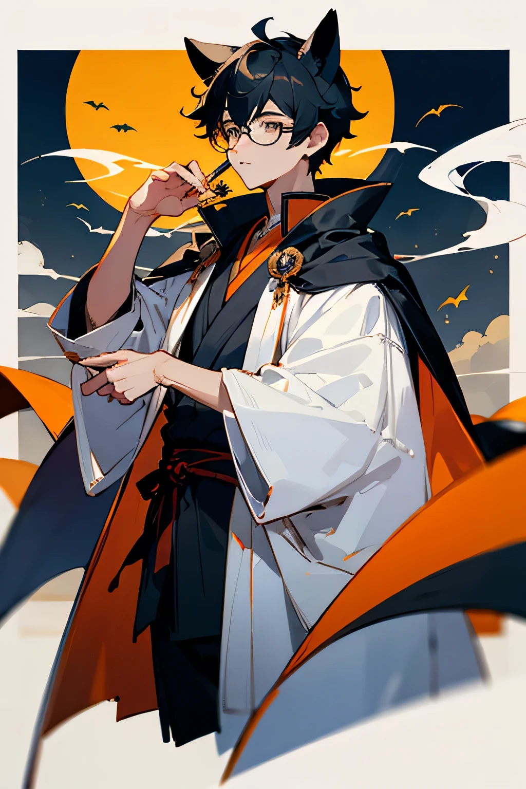 Black Hair、Boy with glasses、Halloween、Costume、tobacco、sake、Handsome、Cape、Animal ears