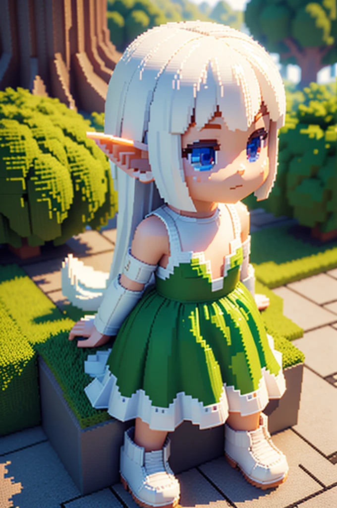 voxels,(3d big pixel art),(3d pixel art),solo,1female\(elf,chibi,cute,kawaii,,hair floating,,white skin,breast,sitting on the tree\),(3d pixel art),background\(simple,cute,trees\)