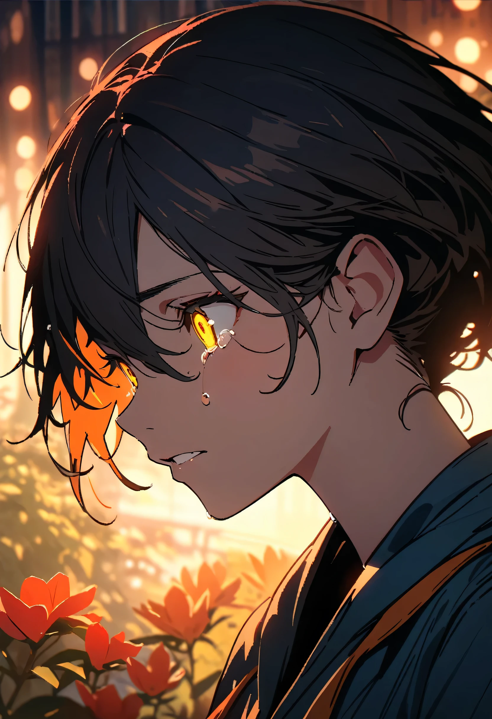 (highest quality,8k,High resolution, masterpiece:1.2), Super detailed, High resolution, 超High resolution, Studio Lighting, Ultra-fine painting, Sharp focus, Physically Based Rendering, Very detailed explanation, Professional, Vibrant colors, Bokeh, Portraiture, Concept Artist, Warm color palette, Dramatic lighting,Magnolias in full bloom, ((Yellow Eyes): 1.2), Well-formed eyes, Hair between the eyes, tears, The sun is behind the magnolia tree, Backlight, Multiple Exposure, Complex Scenes,(Silhouette Art),Side view,Tears dance in the wind、Shining Eyes、Tears falling down my cheeks、Frustrated expression、Biting your lower lip and crying