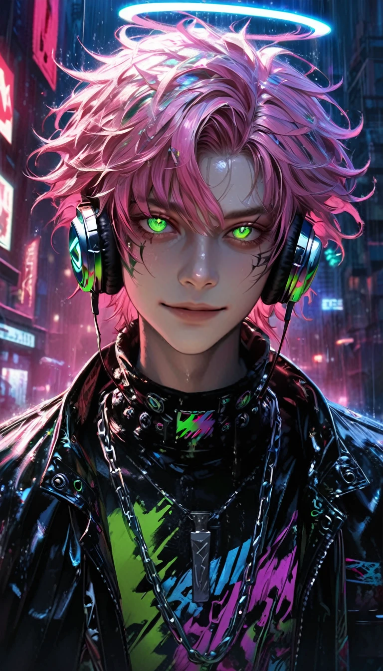 1 boy, chromatic aberration, depth of field, soft lighting, masterpiece, top quality, complex, tone map, highly detailed, art station, concept art, smooth, sharp focus, dramatic lighting, highly detailed artwork, cinematic, super realistic painting, art station's trending, 8k, incredible shadows, realistic, (highly detailed background:1.0), full body, looking viewer, highly detailed portrait of one boy 1, standing on street corner, during downpour with lightning and cloudy sky, neon and cyber punk background, He is dressed in punk clothing with silver chains and silver spikes, His hair is painted with a delicate touch with pink hair, He is wearing headphones, detailed glowing green eyes with clear pupils, ominous aura of Halo, smiling, punk, ciber punk, back Lights.
