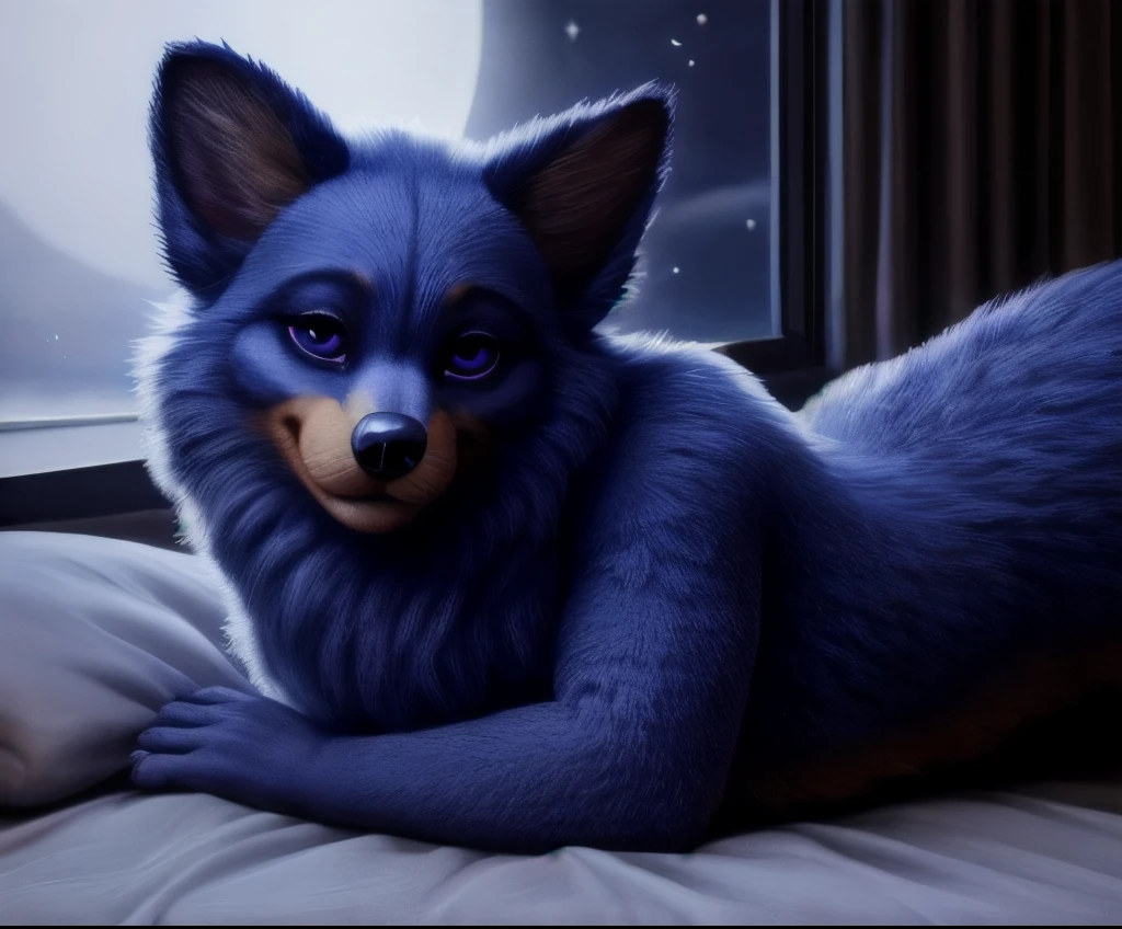 RAW photo, solo, skyepawpatrol, cockapoo, wearing nothing, deep purple eyes, pawstyle, female, full body portrait, (hybrid:1.2), short legs, sexy, seductive, pretty, cute, adorable, flirting, very fluffy, fur tufts, BREAK, 8k, hi res, (photorealism:1.2), twilight, nightime, laying on side seductively on an exotic bed, magic, sparkles, [window], realistic,