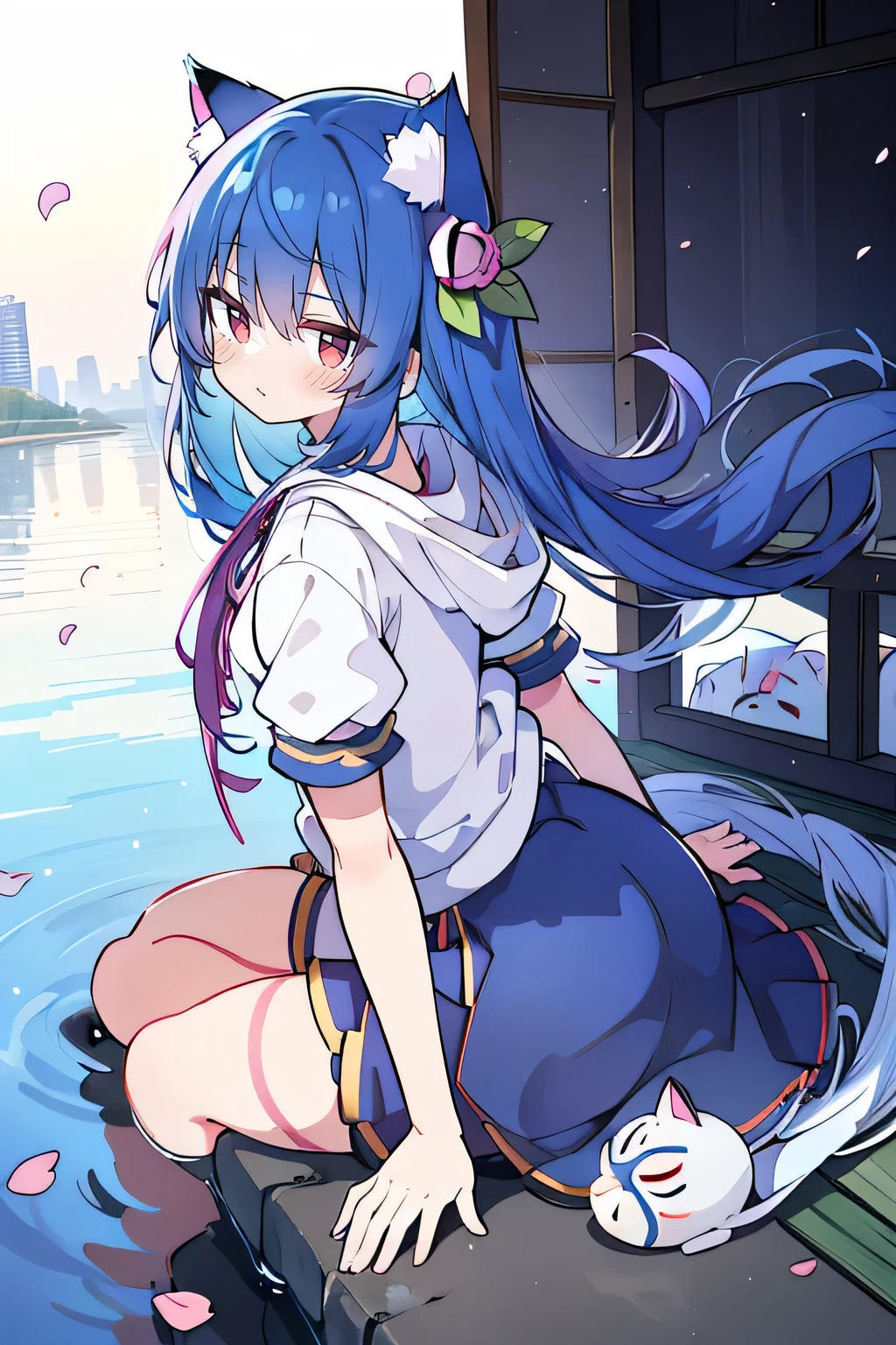 (masterpiece:1.2),Super detailed,lifelike,Expressive eyes,fair skin,perfect face shape,1 girl,
Japanese comics,Gorgeous blue hair,flowing blue hair,flowing clothes,Cat ears,Petals fall,beautiful lola,Baby Angel,
Shaking head with one hand,Cross your legs,Gentle and peaceful background,The pavilion is cool and comfortable,smile, wearing hoodie, background of tokyo,back views,snowing, winter,lie on the water,Wearing a fox mask.