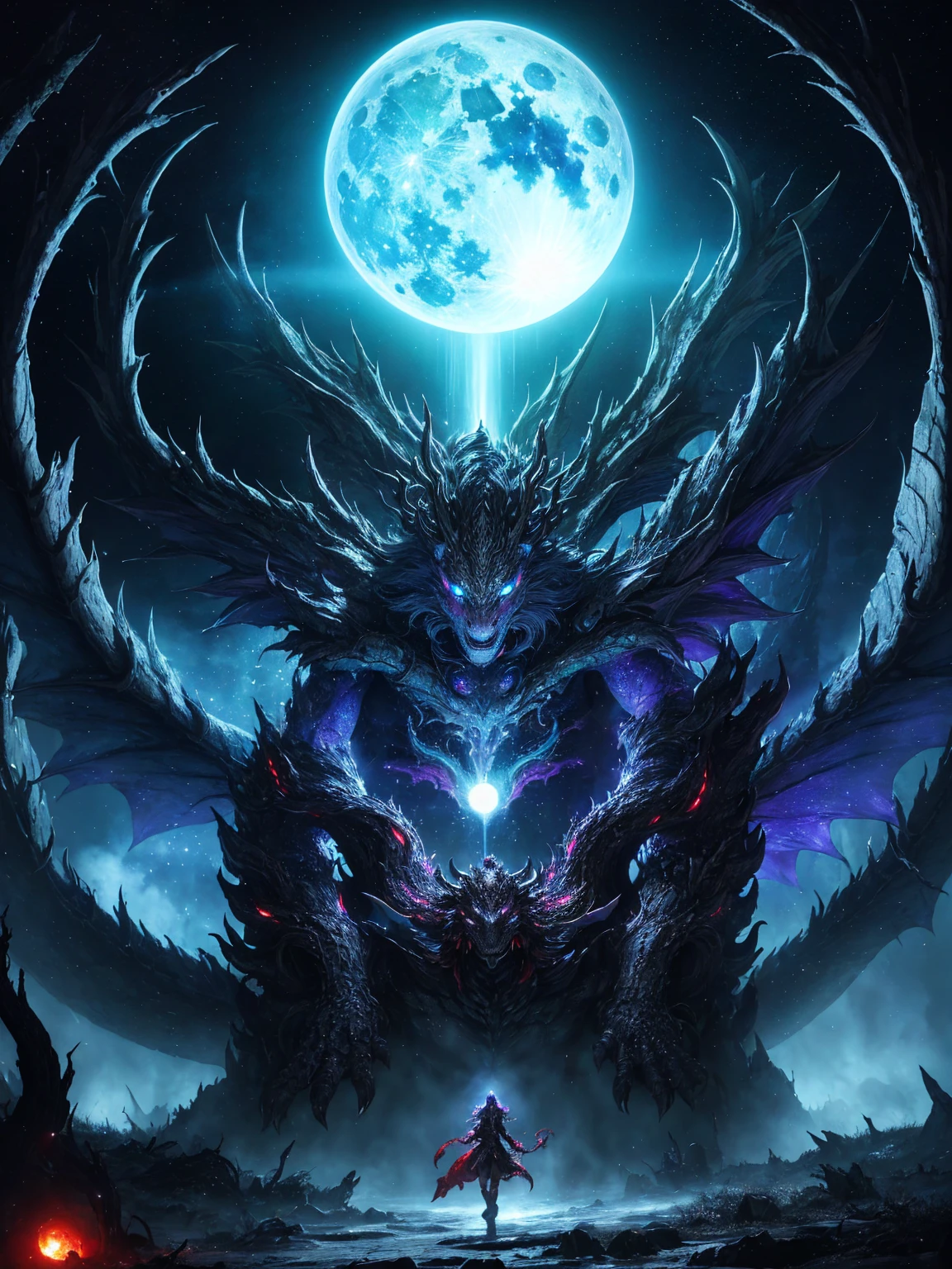 dragon power , cosmic dragons rising from a multidimentinal portal , cosmic rays flowing through the body, an army obersving the dargon coming from the portal , high-fantasy, magical effects, hyper realistic, hyper detailed, mysterious air, ancient and abandoned place , grown-over, luminescent moss, dark atmosphere, glowing lights spread evenly, very aesthetic,mysterious dark and dangerous scenery in the background, red full moon