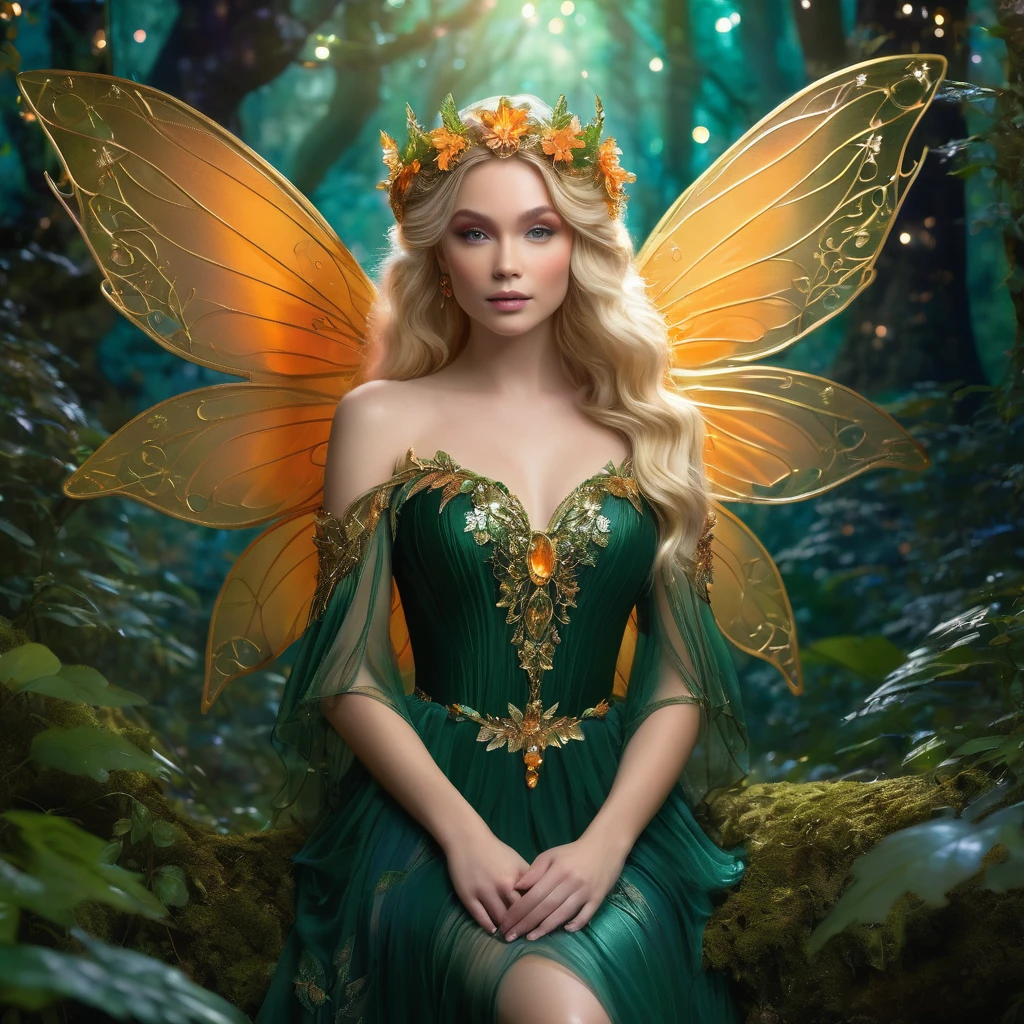 A hyperrealistic, vibrant illustration of a mystical fairy in an enchanting forest setting. The central figure is a beautiful fairy with wavy blonde hair
adorned with delicate flowers and leaves. She has a serene expression as she gazes at a glowing orb she holds in her hands. Her outfit is an intricately designed dark green and gold dress with metallic accents, emphasizing her ethereal nature. Her large, iridescent wings blend shades of orange and gold, featuring delicate patterns. The background depicts a magical forest at twilight, with soft ambient lighting creating a mystical atmosphere. The lush, dense forest is filled with hints of magical creatures and glowing lights, adding to the enchanting feel. The lighting highlights the fairy's delicate features and the intricate details of her attire, creating a captivating and other, cinematic, photo
