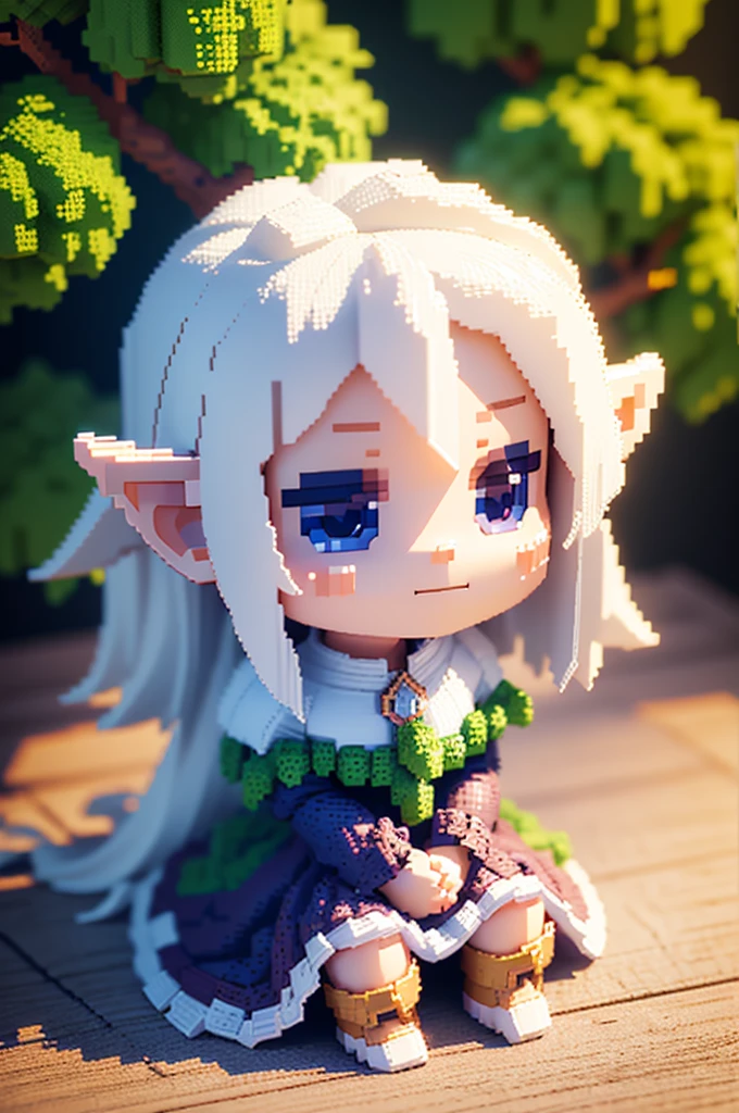 voxels,(3d big pixel art),(3d pixel art:1.2),solo,1female\(elf,chibi,cute,kawaii,small kid,hair floating,,white skin,breast,sitting on the branch of the tree\),(3d pixel art),background\(simple,cute,trees\)