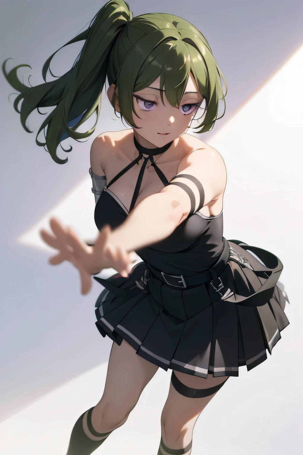 word:
ubel, medium hair, hair between eyes, green hair, side ponytail, (purple eyes:1.1),
skirt, gloves, dress, bare shoulders, pleated skirt, sleeveless, black gloves, elbow gloves, belt, miniskirt, black skirt, black footwear, (black dress:1.5), thigh strap, sleeveless dress, halterneck, armband, single glove, black belt, pleated dress, arm strap,
break masterpiece ,8k unity wallpaper,anime key visual,highest quality, High resolution, unity 8k wallpaper, (shape:0.8),anime coloring,highly detailed face, detailed eyes,growing eyes,shiny skin,fine skin,white skin,dense skin,detailed hair,highly detailed legs,perfect lighting, Detailed CG, (perfect hands, perfect anatomy),High resolution,(Detailed wear ),slender limbs, delicate curves, dainty hands,figure:0.8,