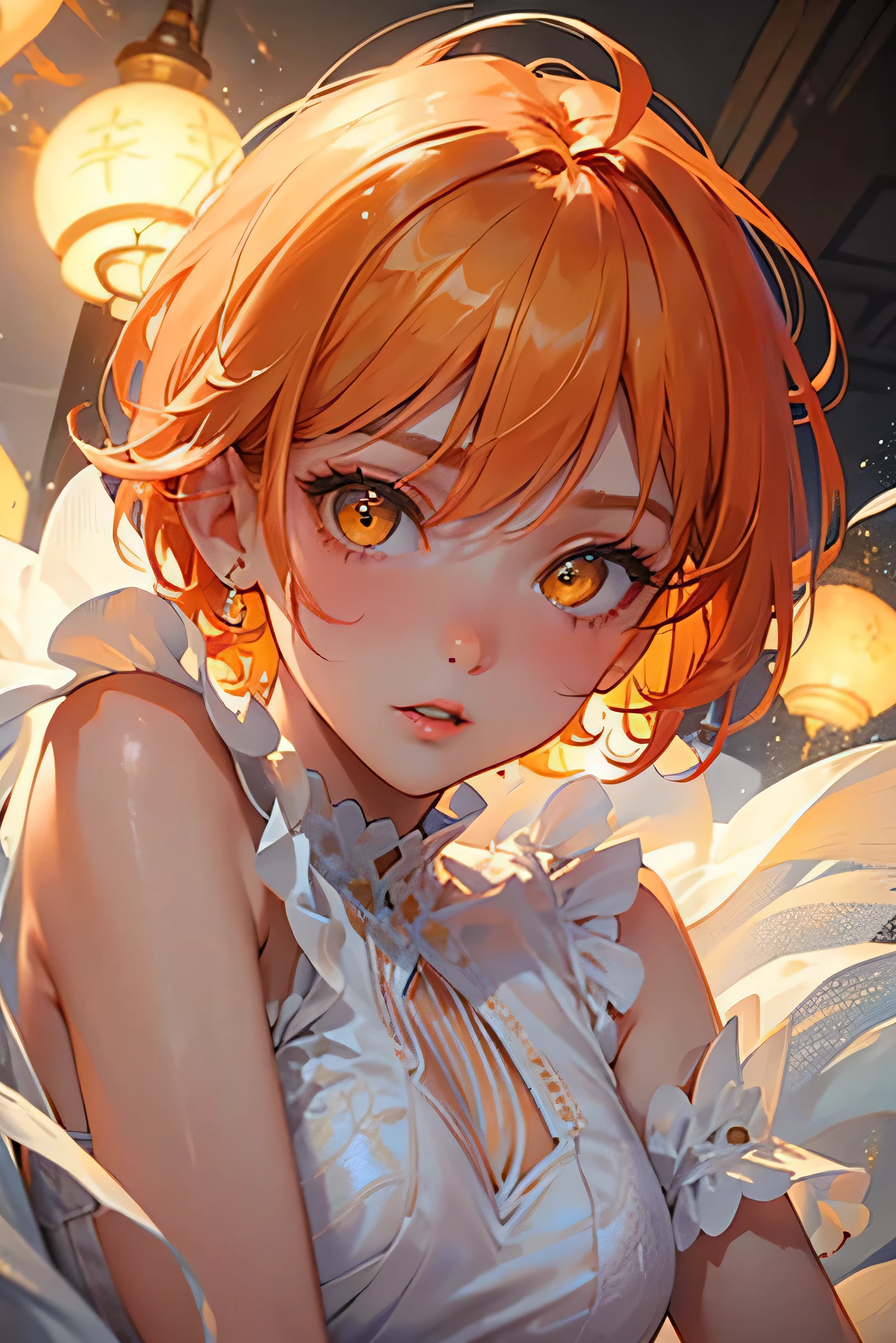 masterpiece, highest quality, so beautiful、up to date、Orange Hair, short hair, ((Glowing yellow eyes))、I want to liven things up、Adult woman in white dress、Face close-up、bullish expression、(Ado)