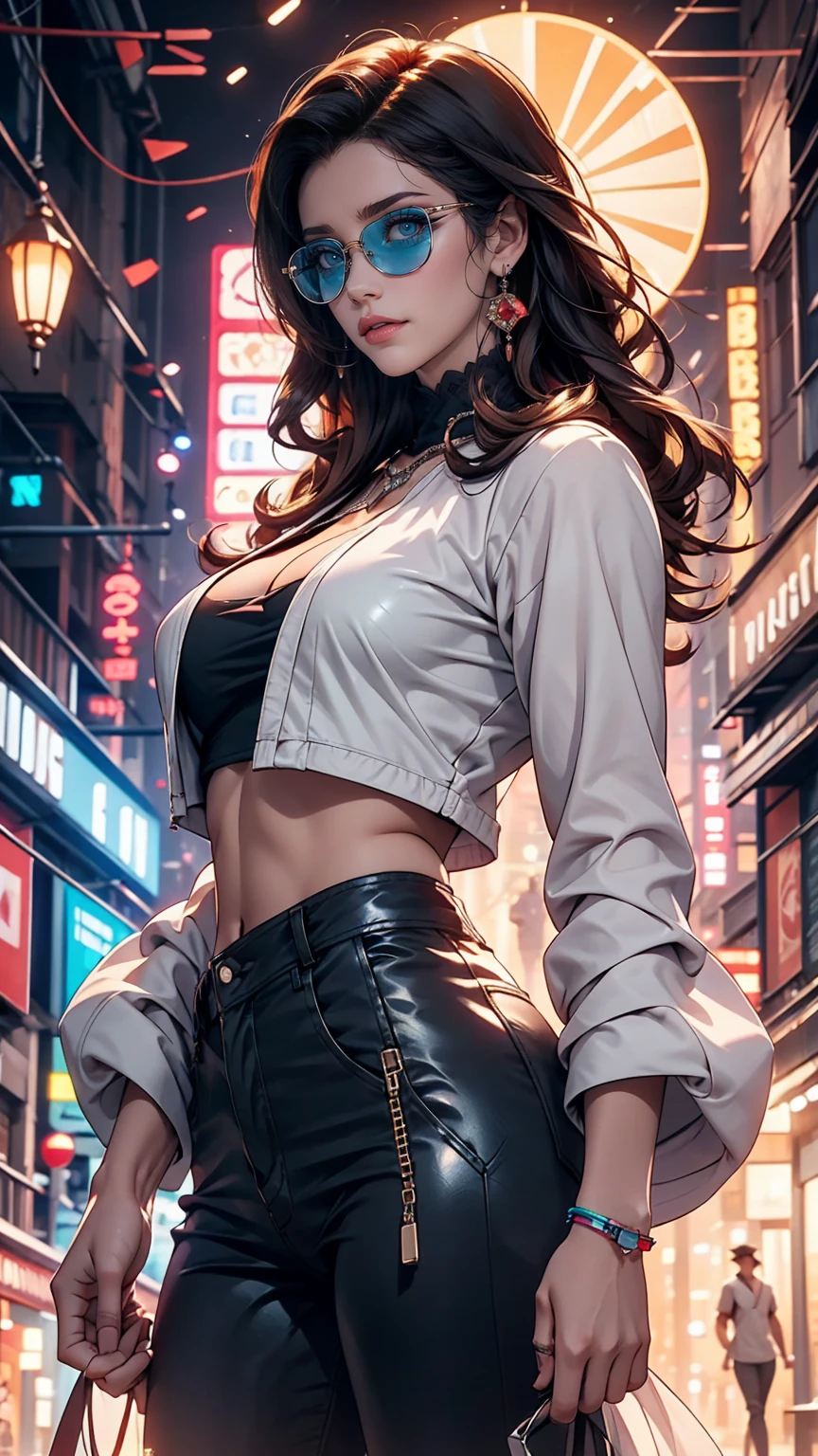 Cowboy Shot, (Black wings:1.2), Very long hair, Side Ponytail, choker, Holding, Off the shoulder, (White micro mini dress:1.3), White midriff jacket,Hello,24-year-old female、Saggy breasts、Sexy proportions、mature female body、Alluring、erotic、Micro Mini Flared Skirt、Stiletto heels、Pink Background