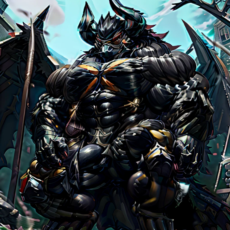 (gigantic muscles), 8K, Masterpiece, highres, Detailed head, Detailed Body, full body, Detailed abs, wearing crNanosuit, big muscle (pecs, triceps, traps) unusually developed muscular body, body full of huge muscles. pectorales enormes. Exaggeratedly huge muscles. Gigachad Muscular, gigantic muscles, Colossal giant NANOSUIT over a battlefield, The claws are sharp, Sharp teeth, Spread wings, have big wings. black wings, METAL WINGS, nj5furry, Animal paws, castle, black visor, demon lord dragon batzz, five fingers, five toes, sitting on the throne, The feathers on its wings are detailed and realistic, nj5furry, big penis (black color),