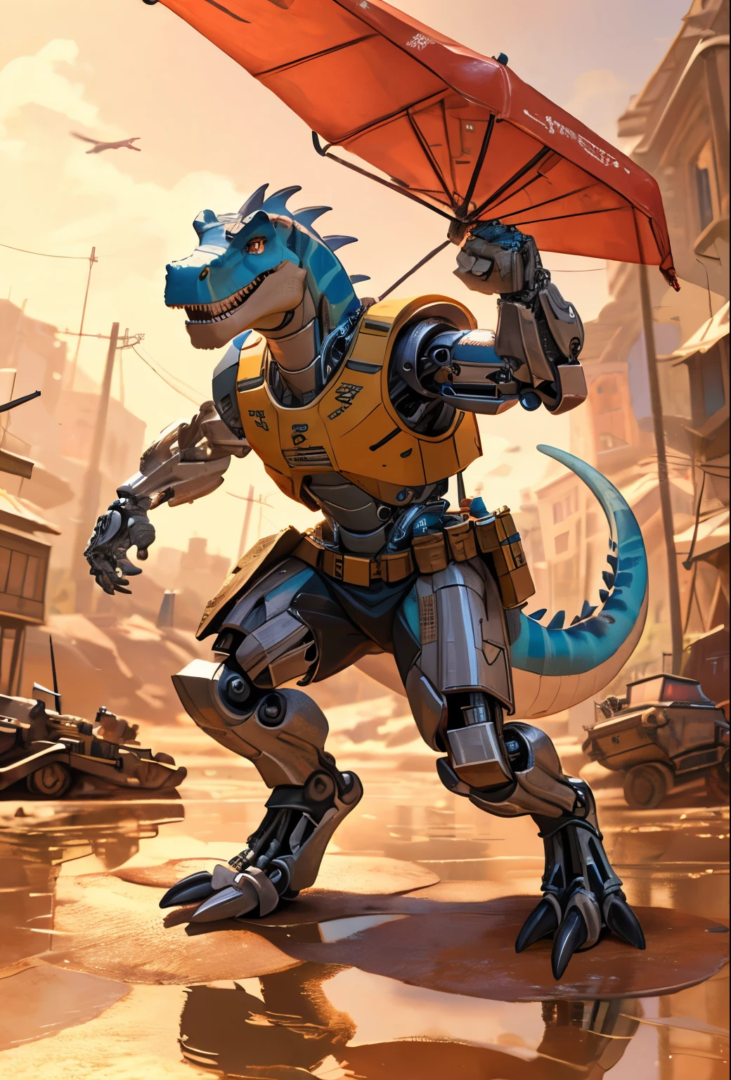 (((dinosaur character, full body, cinematic setting, lizard male, cyborg, war landscape))) BREAK, detailed background, 8K, (masterpiece:1.5), intricate details, highly detailed, extreme detail, octane render, fine art, best quality, highres, (detailed face:1.5), ((full_body)), UHD, (((perfect hands))), low light