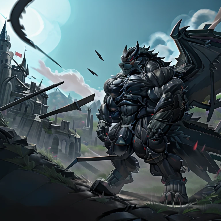 (gigantic muscles), 8K, Masterpiece, highres, Detailed head, Detailed Body, full body, Detailed abs, wearing crNanosuit, big muscle (pecs, triceps, traps) unusually developed muscular body, 
body full of huge muscles. 
pectorales enormes. Exaggeratedly huge muscles. Gigachad Muscular, gigantic muscles, Colossal giant NANOSUIT over a battlefield, The claws are sharp, Sharp teeth, Spread wings, have big wings. black wings, nj5furry, Animal paws, castle, black visor, demon lord dragon batzz, nj5furry, big penis (black color),  long legs,