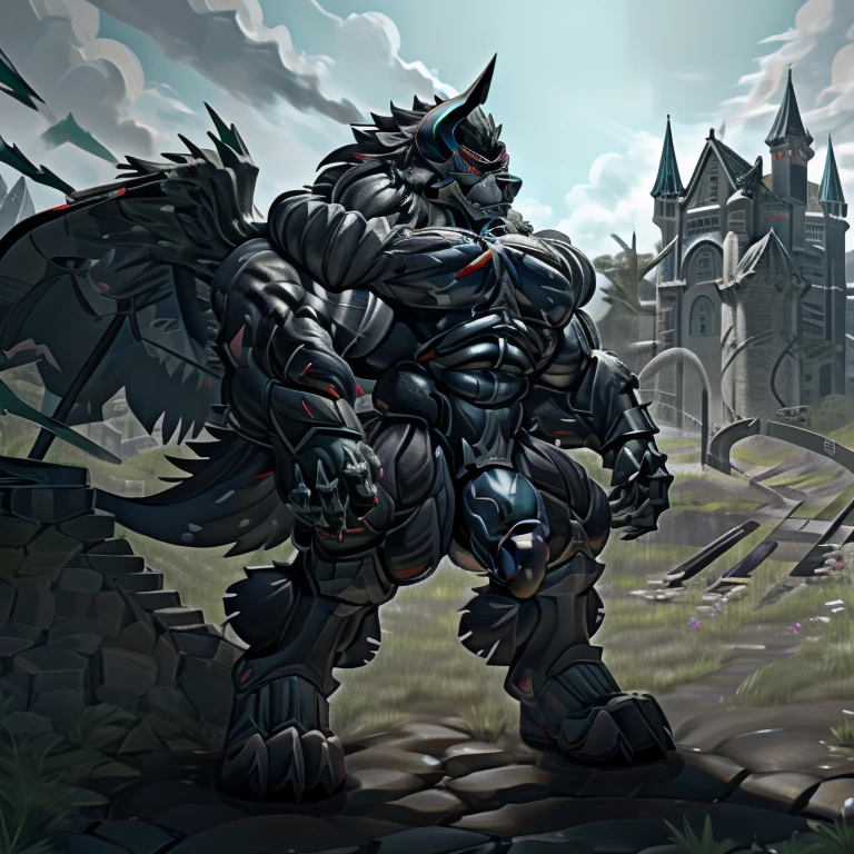 (gigantic muscles), 8K, Masterpiece, highres, Detailed head, Detailed Body, full body, Detailed abs, wearing crNanosuit, big muscle (pecs, triceps, traps) unusually developed muscular body,
body full of huge muscles.
pectorales enormes. Exaggeratedly huge muscles. Gigachad Muscular, gigantic muscles, Colossal giant NANOSUIT over a battlefield, The claws are sharp, Sharp teeth, Spread wings, have big wings. black wings, nj5furry, Animal paws, castle, black visor, demon lord dragon batzz, nj5furry, big penis (black color), long legs,