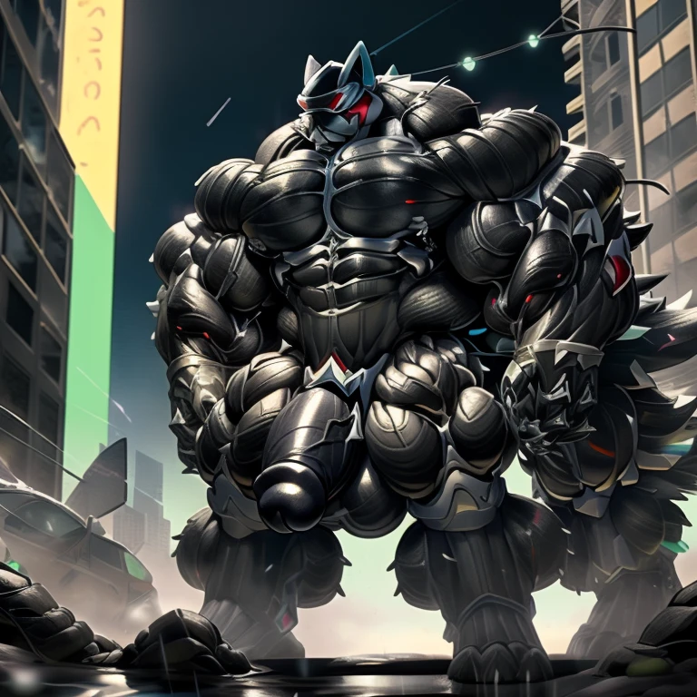 LUCARIO, (gigantic muscles), 8K, Masterpiece, highres, future fiction. Detailed head, Detailed Body, full body, Detailed abs, wearing crNanosuit, big muscle (pecs, triceps, traps) unusually developed muscular body, body full of huge muscles. showing off muscles, pectorales enormes. Exaggeratedly huge muscles. Gigachad Muscular, gigantic muscles, Colossal giant NANOSUIT over a battlefield,
The claws are sharp,
Sharp teeth,
Spread wings, have big wings.
nj5furry, Animal paws, thunderstorm, rainy weather, lightning, City background, skyscraper, futuristic city, night, stars, night lights, Greninja, super hero, hero, bodysuit, massive muscles, huge pecs, chiseled abs, huge pectorals, exaggeratedly huge muscles. a furry hero whose presence inspires trust and respect. Wearing full plate armor, Its full plate armor emphasizes the muscles. , nj5furry, big penis (black color), long legs,