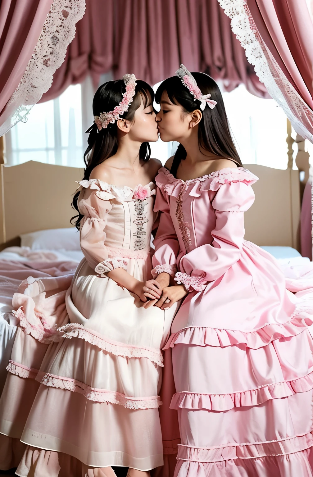 highest quality, masterpiece, highest resolution, artwork, super get used to it, many become familiar with, become familiar with, get used to it, woman, ,the two girls are princesses,pink victorian dress,long sleeve,long dress,A dress with lots of frills and ribbons.,high quality dresses,luxury,Two kiss,(Luxury Bedroom),high quality princess canopy bed,