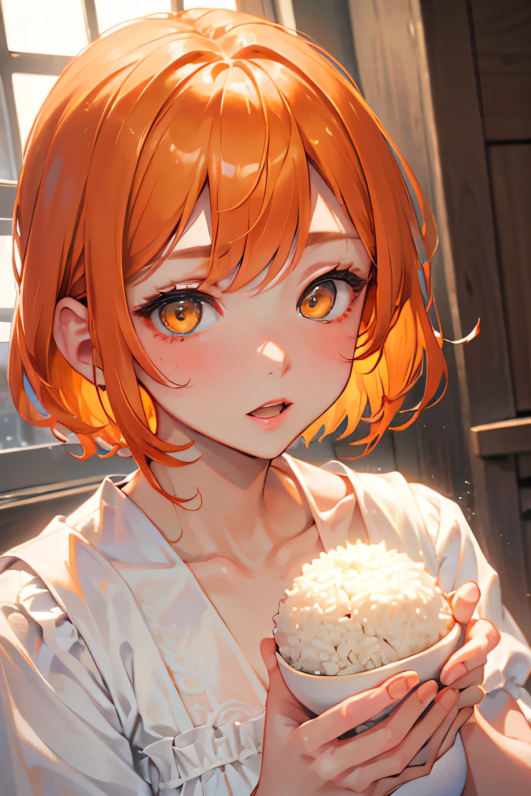 masterpiece, highest quality, so beautiful、up to date、Orange Hair, short hair, Yellow Eyes、I want to liven things up、Adult woman in white dress、Face close-up、bullish expression、(Eat rice balls)