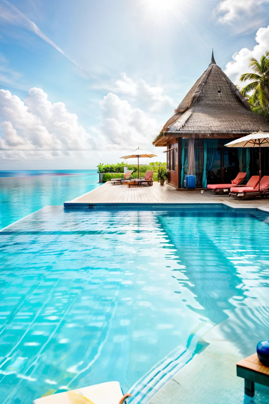 Plenty of lounge chairs and umbrellas by the pool, Tropical Pool, peaceful, pool connected to the sea, Maldives on the background, 2 Tropical Pool, wide full shot, exclusive, f / 1, relax!, f/16, f / 1 6, true realistic image, 2 0 1 5