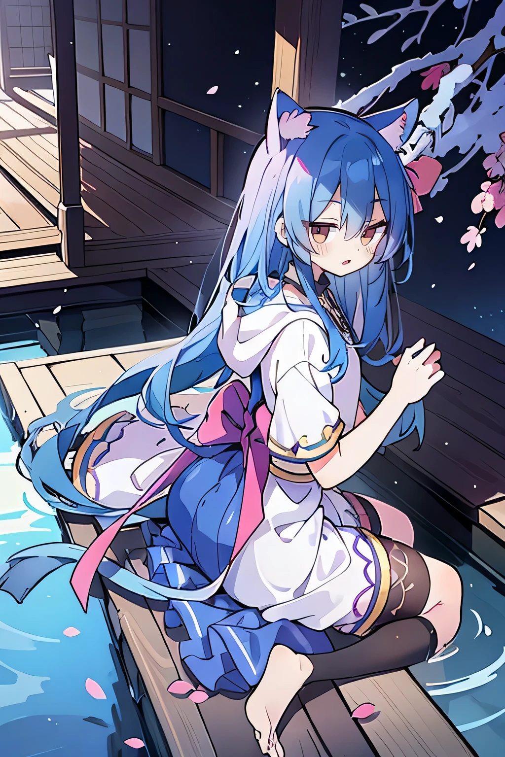 (masterpiece:1.2),Super detailed,lifelike,Expressive eyes,fair skin,perfect face shape,1 girl,
Japanese comics,Gorgeous blue hair,flowing blue hair,flowing clothes,Cat ears,Petals fall,beautiful lola,Baby Angel,
Shaking head with one hand,Cross your legs,Gentle and peaceful background,The pavilion is cool and comfortable,smile, wearing hoodie, background of tokyo,back views,snowing, winter,lie on the water.