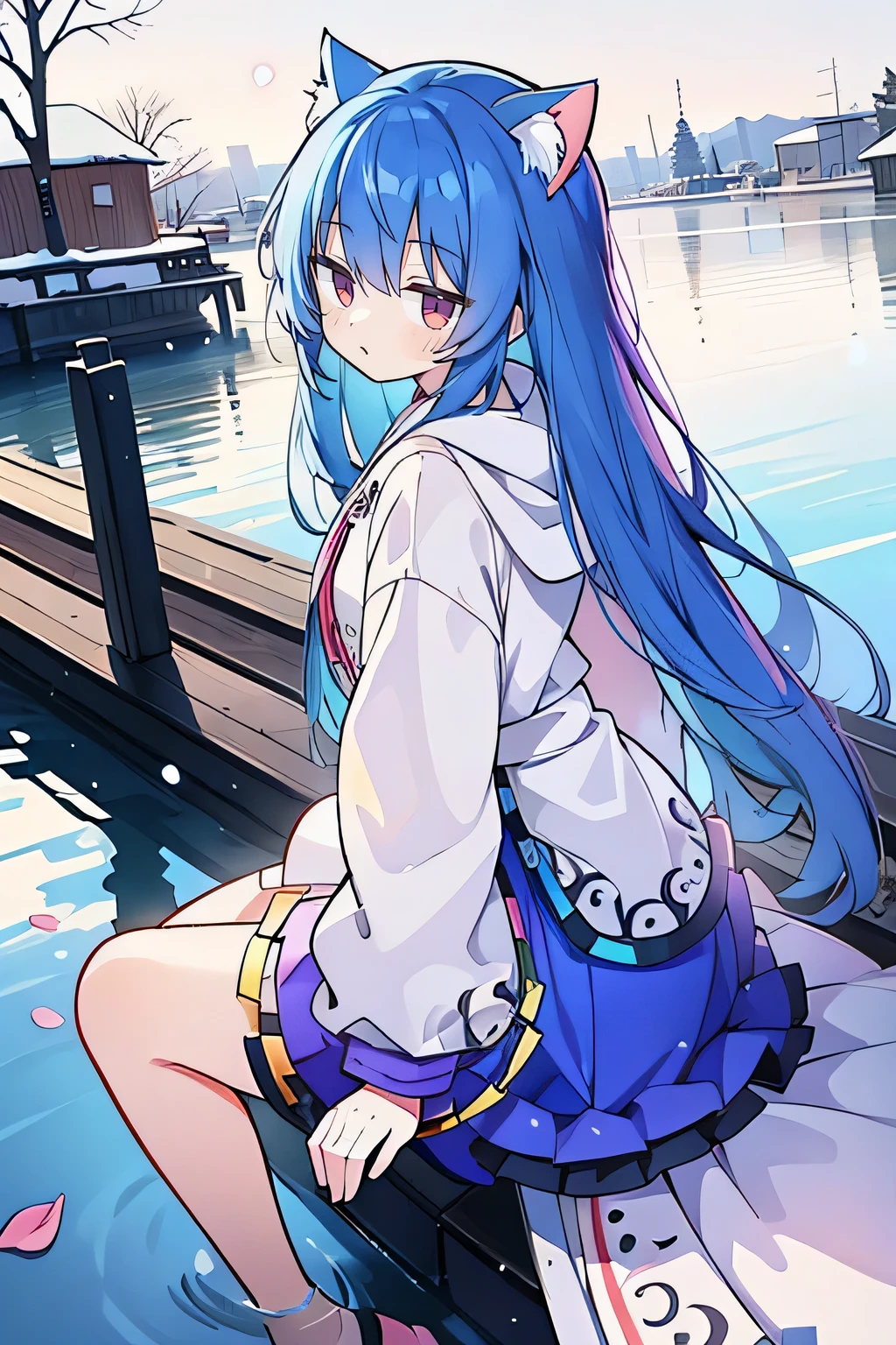 (masterpiece:1.2),Super detailed,lifelike,Expressive eyes,fair skin,perfect face shape,1 girl,
Japanese comics,Gorgeous blue hair,flowing blue hair,flowing clothes,Cat ears,Petals fall,beautiful lola,Baby Angel,
Shaking head with one hand,Cross your legs,Gentle and peaceful background,The pavilion is cool and comfortable,smile, wearing hoodie, background of tokyo,back views,snowing, winter,lie on the water.