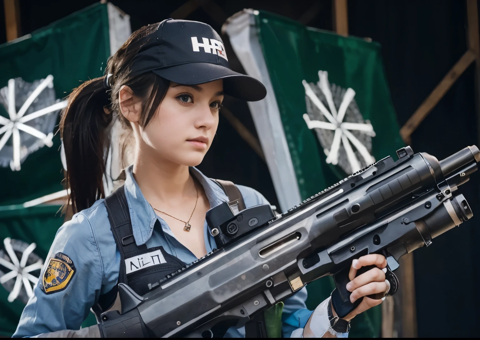 1girls, gun, look like photo, similar, hd, masterpiece