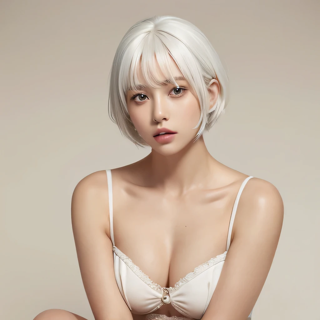 White hair, girl made of melted chocolate, upper body, thighs, girl, single, chest, looking at the audience, short hair, bangs, simple background, medium chest, sitting, closed mouth, white hair, lips, brown background, chocolate, realism
