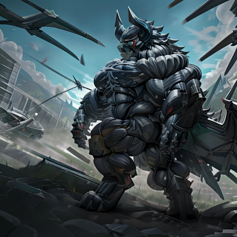 (gigantic muscles), 8K, Masterpiece, highres, Detailed head, Detailed Body, full body, Detailed abs, wearing crNanosuit, big muscle (pecs, triceps, traps) unusually developed muscular body, body full of huge muscles. pectorales enormes. Exaggeratedly huge muscles. Gigachad Muscular, gigantic muscles, Colossal giant NANOSUIT over a battlefield, The claws are sharp, Sharp teeth, Spread wings, have big wings. black wings, nj5furry, Animal paws, castle, black visor, demon lord dragon batzz,
battlefield, nj5furry, big penis (black color), long legs,