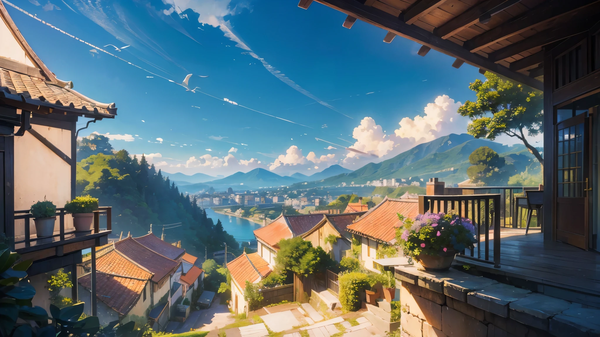 (Masterpiece,Best quality,Ultra high resolution: 1.1),Winning the Best Anime Landscape Wallpaper Award,Beautiful anime wallpaper,A beautiful seaside town anime scene painting,village,(There are many potted plants on the balcony),A peaceful afternoon,Stone architecture,Reasonable structure,A large number of houses,( balcony),Potted plants,plant,Realistic,plain,Coastline,(ocean),Baiyun,Seagull,overgrown nature,Haiping Line,Intense sunlight,Fantasy,High Angle Shot,front view, Anime Scenery,Rural towns,mountain,warm,quiet,beautiful,foreground,(aerial perspective),Air perspective,Warm glow,no one,full of sunlight,(High exposure,High contrast,Gorgeous colors),(Mare Adriatico),((No characters))