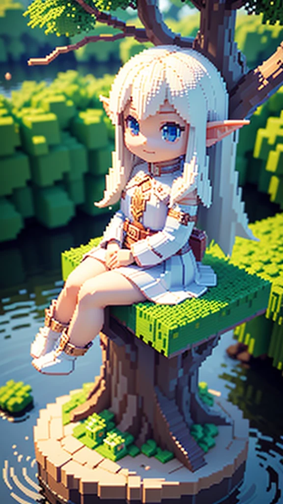 voxels,(3d big pixel art),(3d pixel art:1.2),solo,1female\(elf,chibi,cute,kawaii,small kid,hair floating,slightly smiling,white skin,breast,sitting on the branch of the tree\),(3d pixel art),background\(simple,cute,trees,clean pond\),(close up elf:1.1)