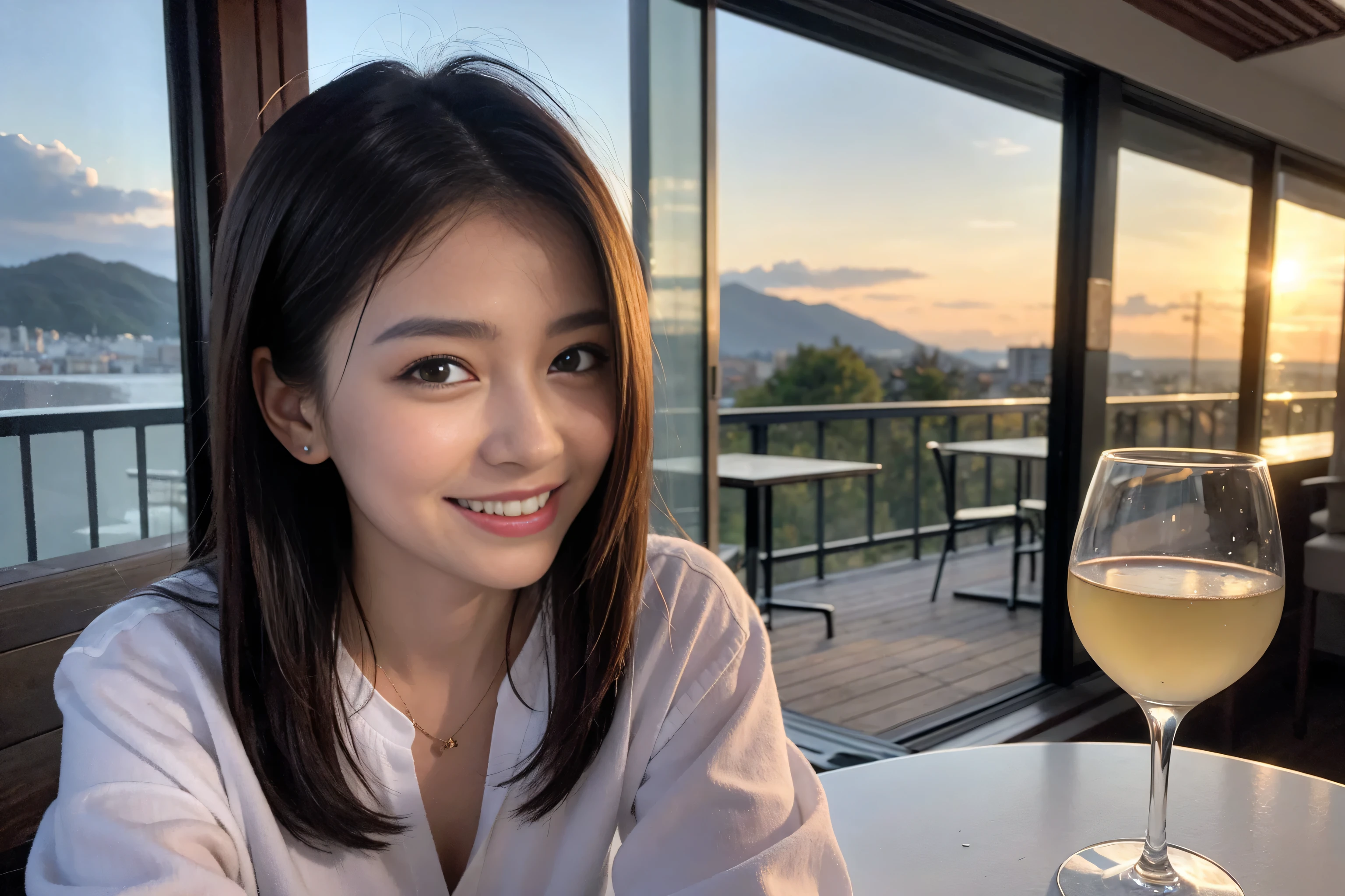 (Realistic:1.1),(masterpiece,Highest quality),8k,(49 years old), 53 years old, slimカップル、Tight waist,Upper Body,full-course dinner、wine 、Amazing view of the sunset sky and clouds、Perfect Anatomy, Brown Hair, short hair,Random Hairstyles,((Highly detailed face and eyes:1.2)),Perfect golden ratio face,Long sleeve shirt、dress,(smile:1.2)、Shortcuts、cute、(Realistic, Intricate details:1.2), A bright smile、short hair,Bright Face、赤wine 、Appetizers、Italian food、wine bottle、Champagne、スパークリングwine、(slimな顔), (The body is slim), (Brown Hair), (Shortcuts), Upper Body, 白wine, slim, wineグラス,