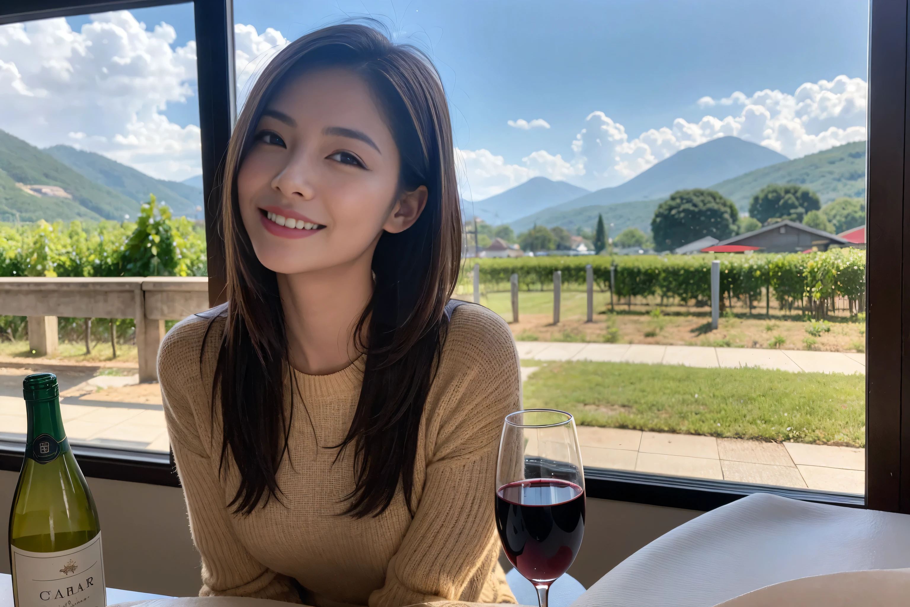 ((highest quality、8k、masterpiece:1.3))、Sharp focus:1.2、Beautiful woman perfect body:1.4、Slim body、((Bob Hale、Straight hair:1.2))、(to be born, highest quality, masterpiece:1.5), (Realistic, Intricate details:1.2), Ultra-high resolution, Amazing view of the sunset sky and clouds、Amazing mountain views、A bright smile、A lovely woman with a smile、Bright image、2. The beauty of wine, Beautiful Face, blue eyes, The light shines on your face, Blushing, short hair,Bright Face、Fox face、 (36 years old), 39 years old, Lady、red wine 、Appetizers、Italian food、Wine bottle、Champagne、sparkling wine、Two beauties、Brown Hair、Shortcuts、Long sleeve shirt、dress、Pretty Woman 1, (Slim face), (The body is slim), (Brown Hair), (Shortcuts), cheeks turn a little red,Attractive beauty、, Out of the window, A beautiful and detailed night view unfolds.........., restaurant, In a prominent place (From the waist up) Nova Frog Style, actress, model, Upper Body, White wine, slim, wine glass, Wine glass placed in the center, smile, (smile: 1.15), Beautiful fine grain, Depth f/2,saturation, High Contrast, Strong light and shadow,Moist Body:1.5、3D texture、Delicate eyes、Brown Hair、The hair is very shiny、