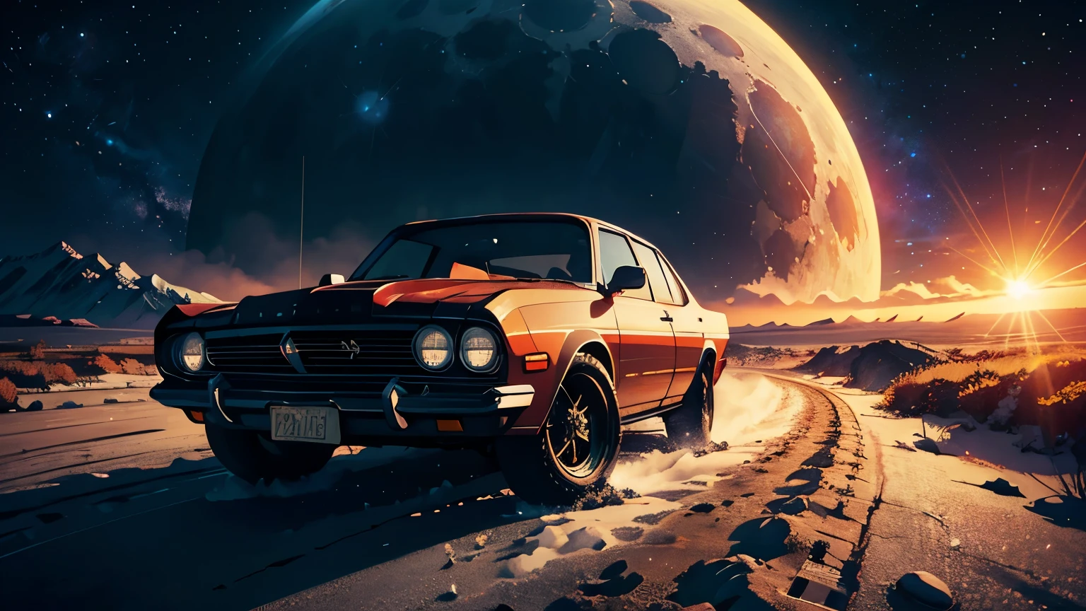 fisheye, high resolution, masterpiece, 8k, depth of field, close up, outer space, movie poster style, big moon, retro car, wide angle lens, wide range, solar flare, blizzard, rotation, mandala, wilderness, fantastic, desolate future
