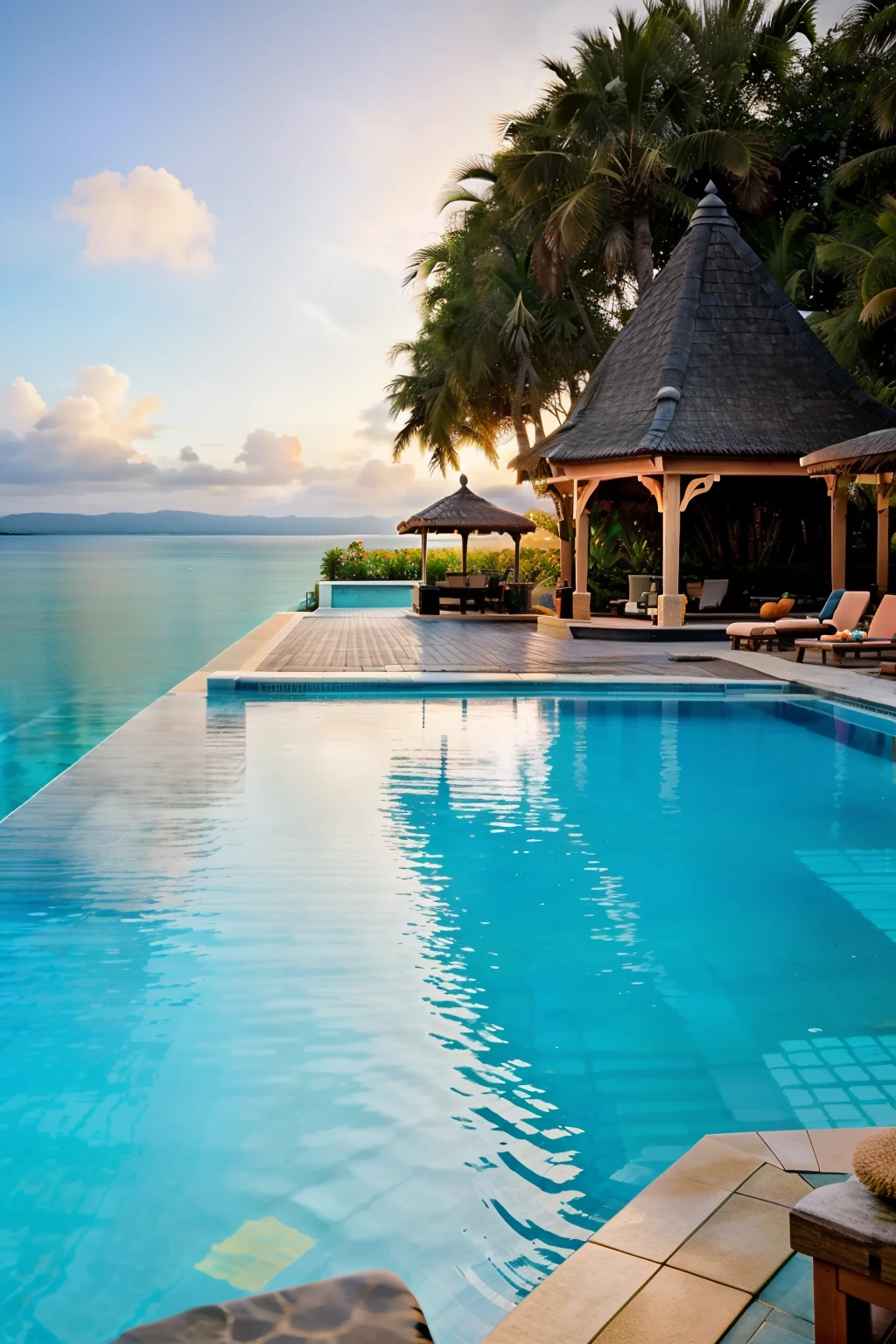 there is a pool with a gazebo and a gazebo in the background, sit on the edge of swimming pool, next to a tropical pool, infinity pool, in a beachfront environment, poolside, infinity concentric pool, relaxing environment, swimming pool in front, paradise in the background, wellness pool, wonderful masterpiece, full - view, tropical pool, swimming pool
