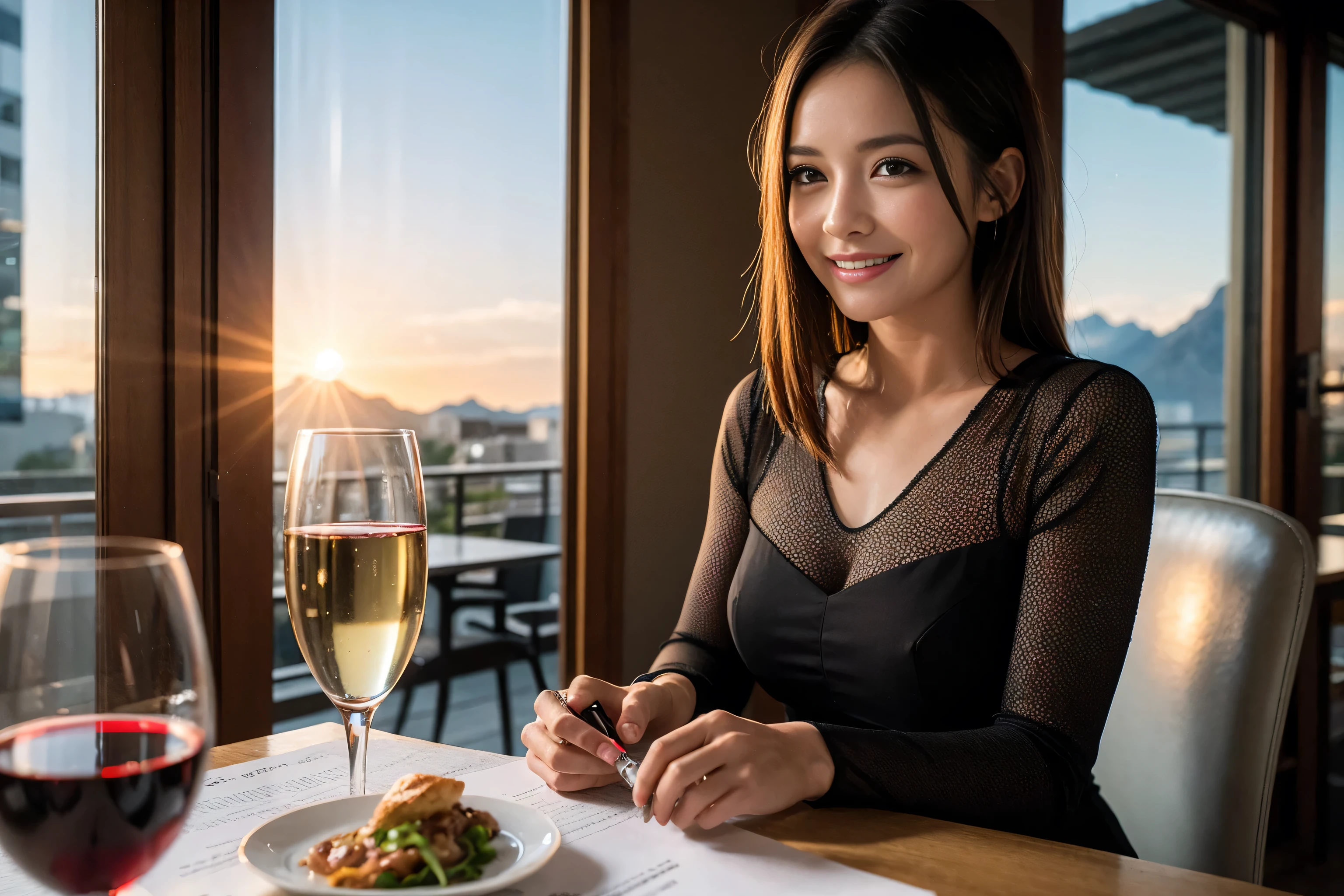 ((highest quality、8k、masterpiece:1.3))、Sharp focus:1.2、Beautiful woman perfect body:1.4、Slim body、((Bob Hale、Straight hair:1.2))、(to be born, highest quality, masterpiece:1.5), (Realistic, Intricate details:1.2), Wine glass on the table、Put the light on your face、 Amazing view of the sunset sky and clouds、Amazing mountain views、A bright smile、A lovely woman with a smile、Bright image、2. The beauty of wine, Beautiful Face, blue eyes, The light shines on your face, Blushing, short hair,Bright Face、Fox face、 (43 years old), 39 years old, Lady、red wine 、Appetizers、Italian food、Wine bottle、Champagne、sparkling wine、Two beauties、Brown Hair、Shortcuts、Long sleeve shirt、dress、Pretty Woman 1, (Slim face), (The body is slim), (Brown Hair), (Shortcuts), cheeks turn a little red,Attractive beauty、, Out of the window, A beautiful and detailed night view unfolds.........., restaurant, In a prominent place (From the waist up) Nova Frog Style, actress, model, Upper Body, White wine, slim, wine glass, Wine glass placed in the center, smile, (smile: 1.15), Beautiful fine grain, Depth f/2,saturation, High Contrast, Strong light and shadow,Moist Body:1.5、3D texture、Delicate eyes、Brown Hair、The hair is very shiny、
