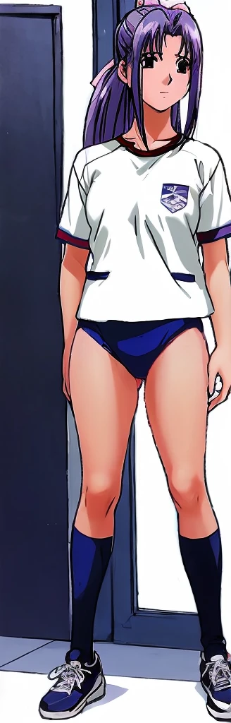 Momoko Koigakubo, a tall girl with beautiful legs, is standing with her legs spread to the sides in a white gym uniform and light navy blue bloomers that look like panties.。