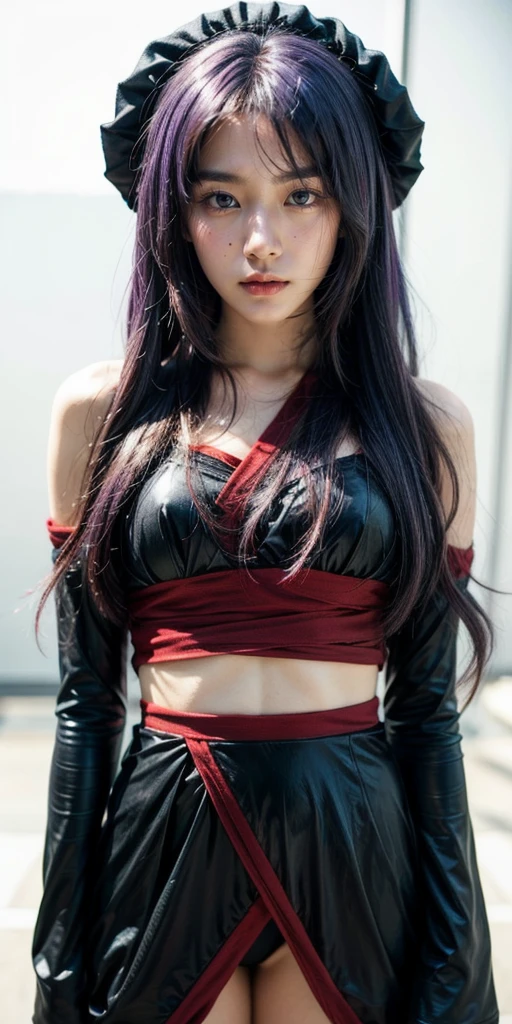 ultra-detailed, Beautiful body, Beautiful Nose, Beautiful character design, perfect eyes, perfect face, ultra highres, 16K, Nice hands, Perfect hands, Masterpiece, Best Quality, Highly detailed, illustration, absurdres, perfect anatomy, serious stare, looking at viewer, mystic aura, female priestess, full body, goddess-like, trance, perfect female body, japanese clothes, black sleeves, horns, 1girl, purple hair, long hair, purple eyes, (((pixel-perfect, detail-perfect))), solo, Hanyuu, higurashi when they cry, umineko when they cry, (realistic natural purple hair style)