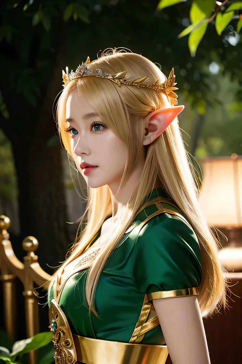 Elf，Close-up of blond Elf, Princess Elf, She has Elf ears and golden eyes, Elf princess, Elf, blonde elf queen, side portrait of Elf royalty, Elf Queen, beautiful Elf princess, Elf character with smirk, Fantasy Stills, (((crazy))) Princess Elf, Elf Girl